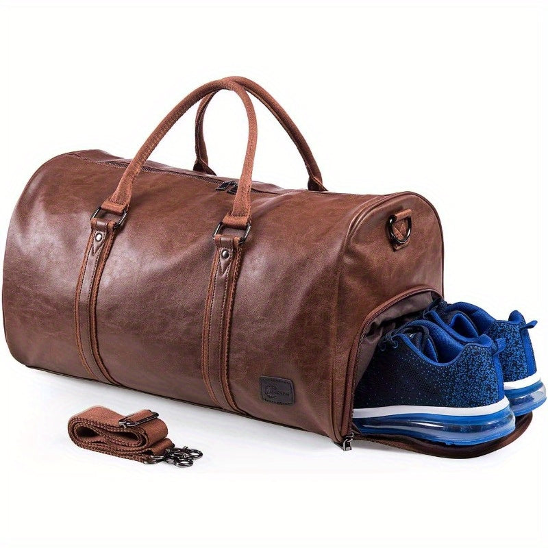Leather Travel Bag with Shoe Pouch Weekender Overnight Bag Carry On Duffel Bag for Men WomenBrown