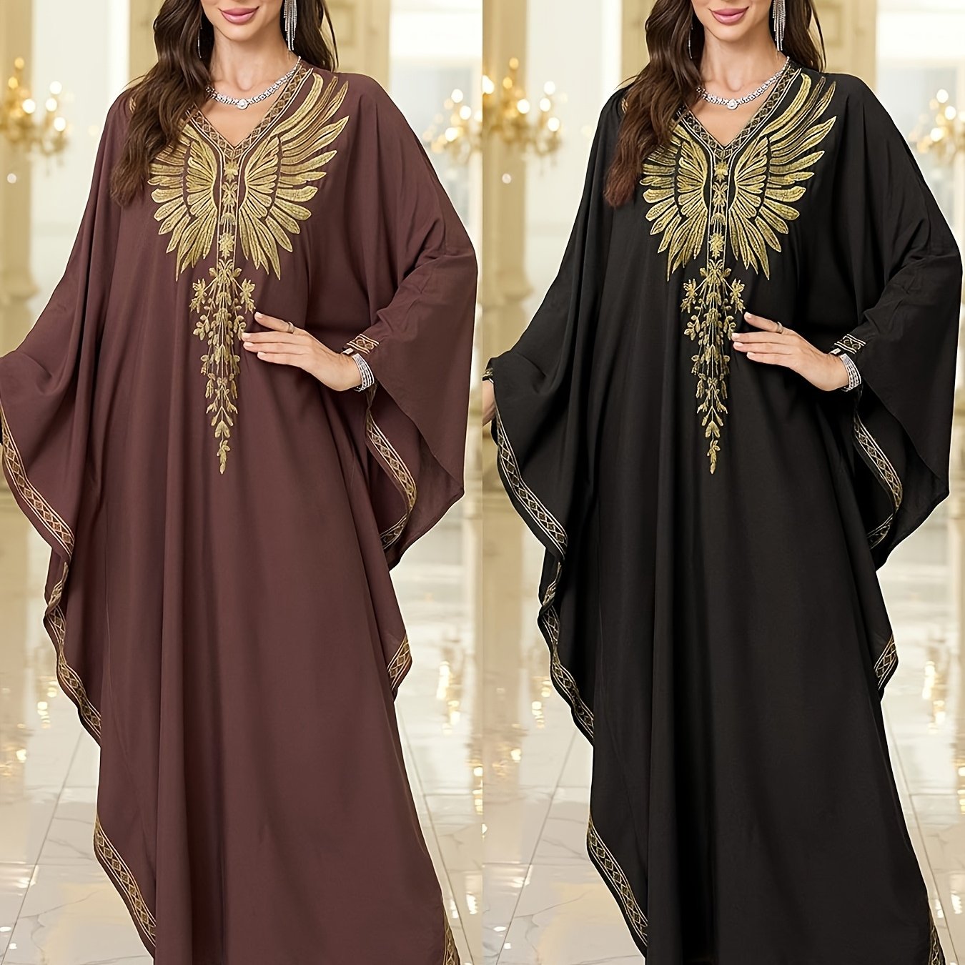 Women's Plus-Size Maxi Dress - Elegant Brown & Golden robe-like gown with Long Batwing Abaya Sleeves, Non-See-Through Formal/Beach/Evening Dress for Women