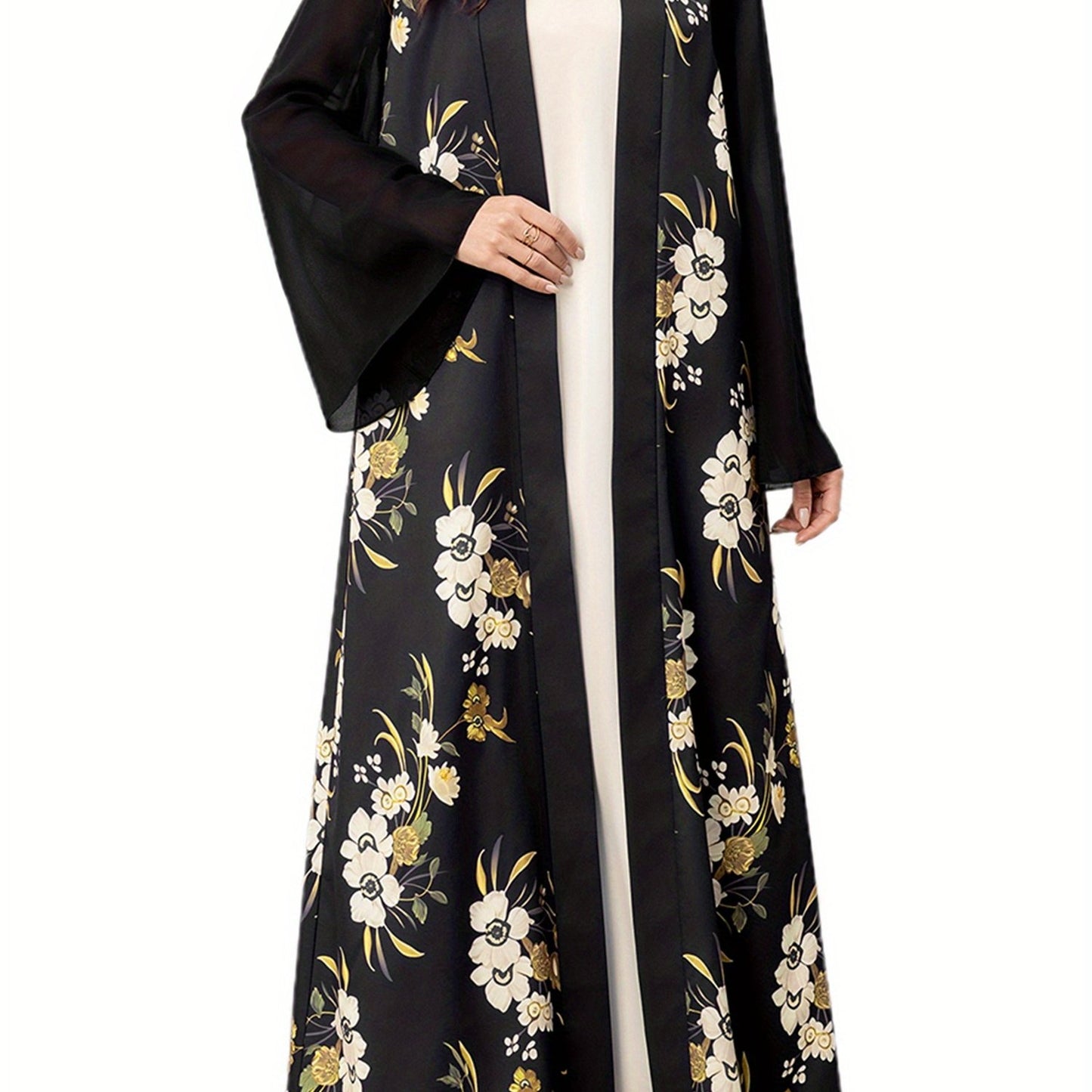 Elegant Black & White Floral Print Long Sleeve Kaftan Gown for Women - Loose Kimono Robe with Golden Accents, Perfect for Spring and Summer Casual Wear, Robes for Ladies