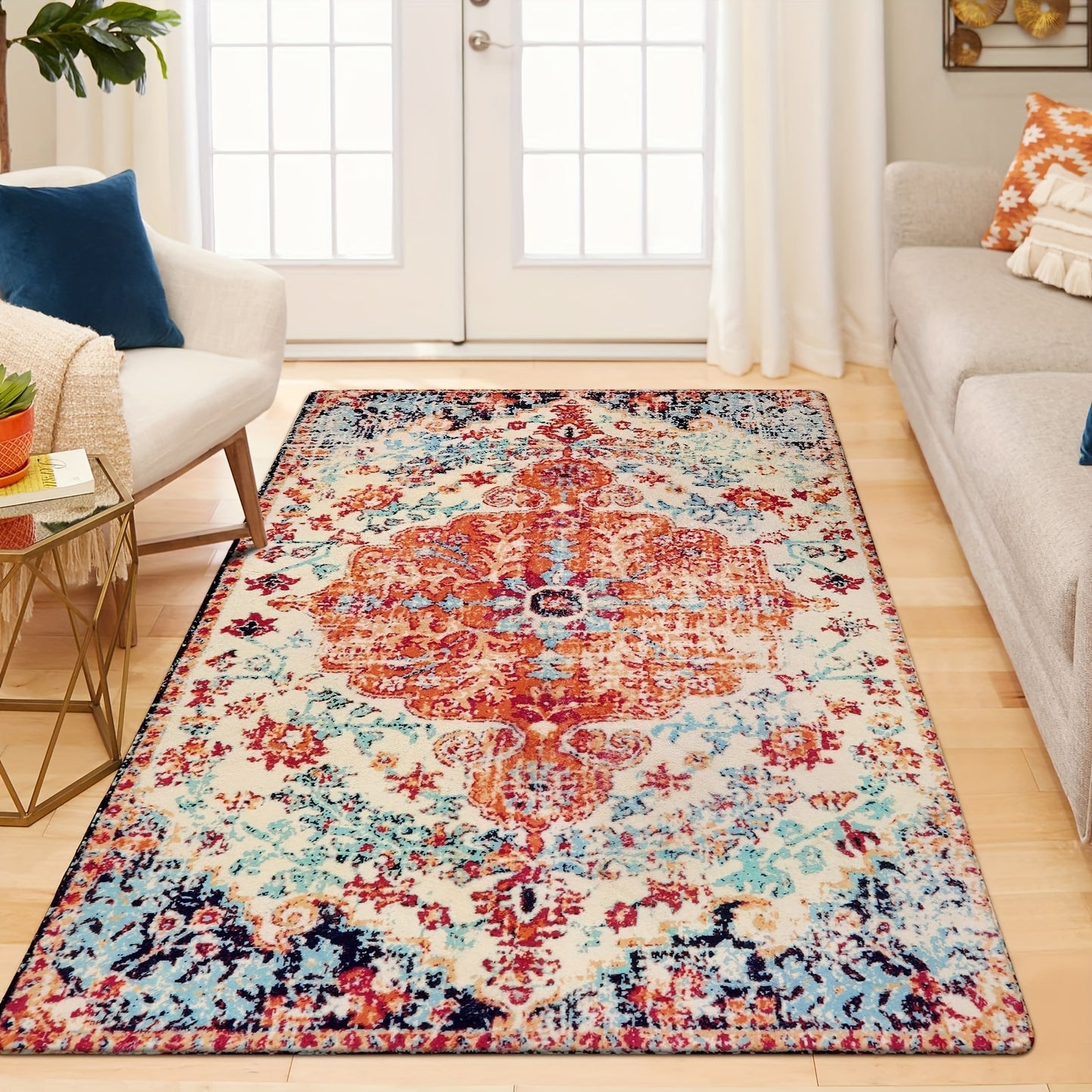 Bohemian Floral Medallion Area Rug - Oriental Distressed Bedroom Carpet Country Vintage Faux Wool Indoor Throw Mat Non-Slip Washable Low-Pile Carpet For Bathroom Living Kitchen Laundry Room
