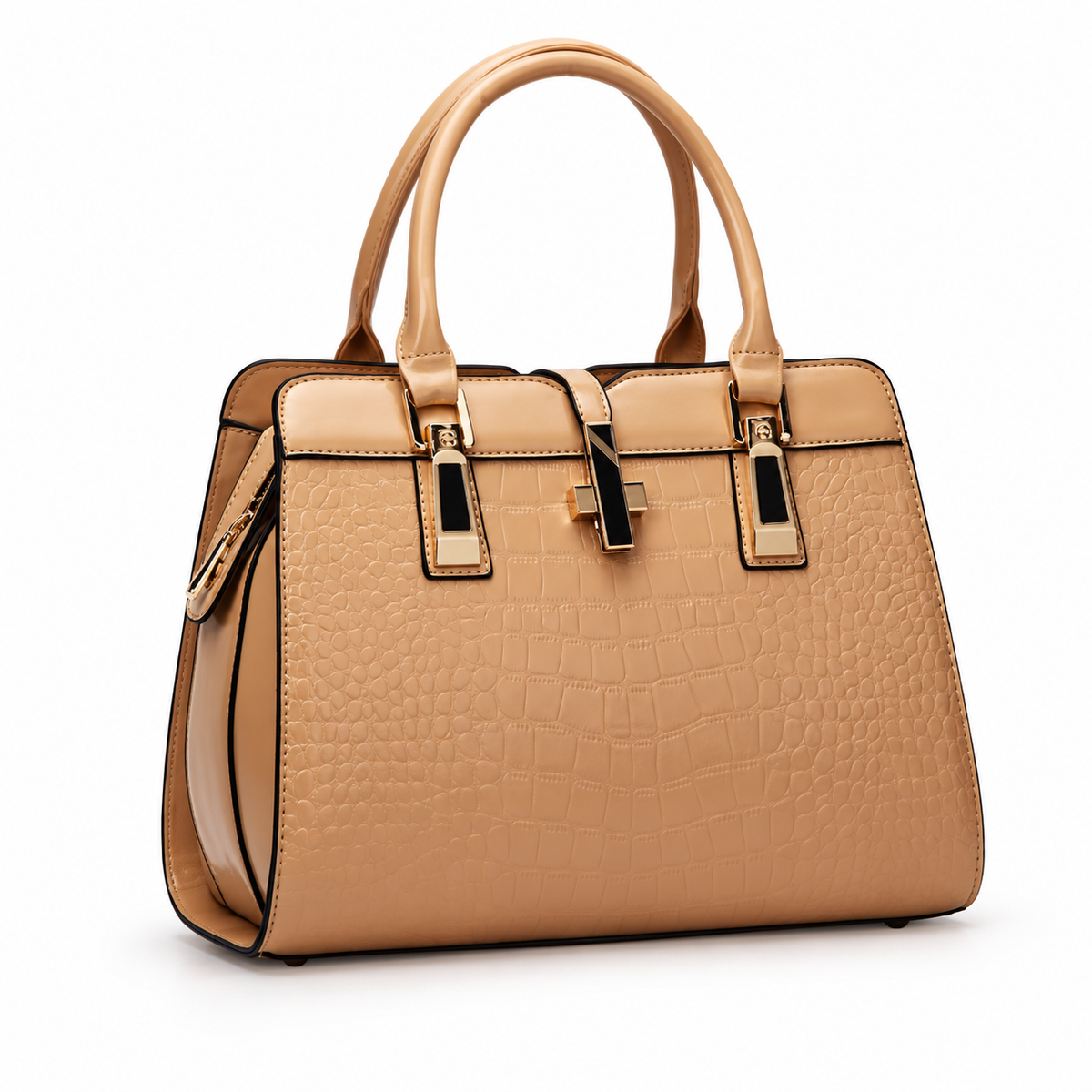 Elegant Camel Crocodile Embossed Structured Handbag