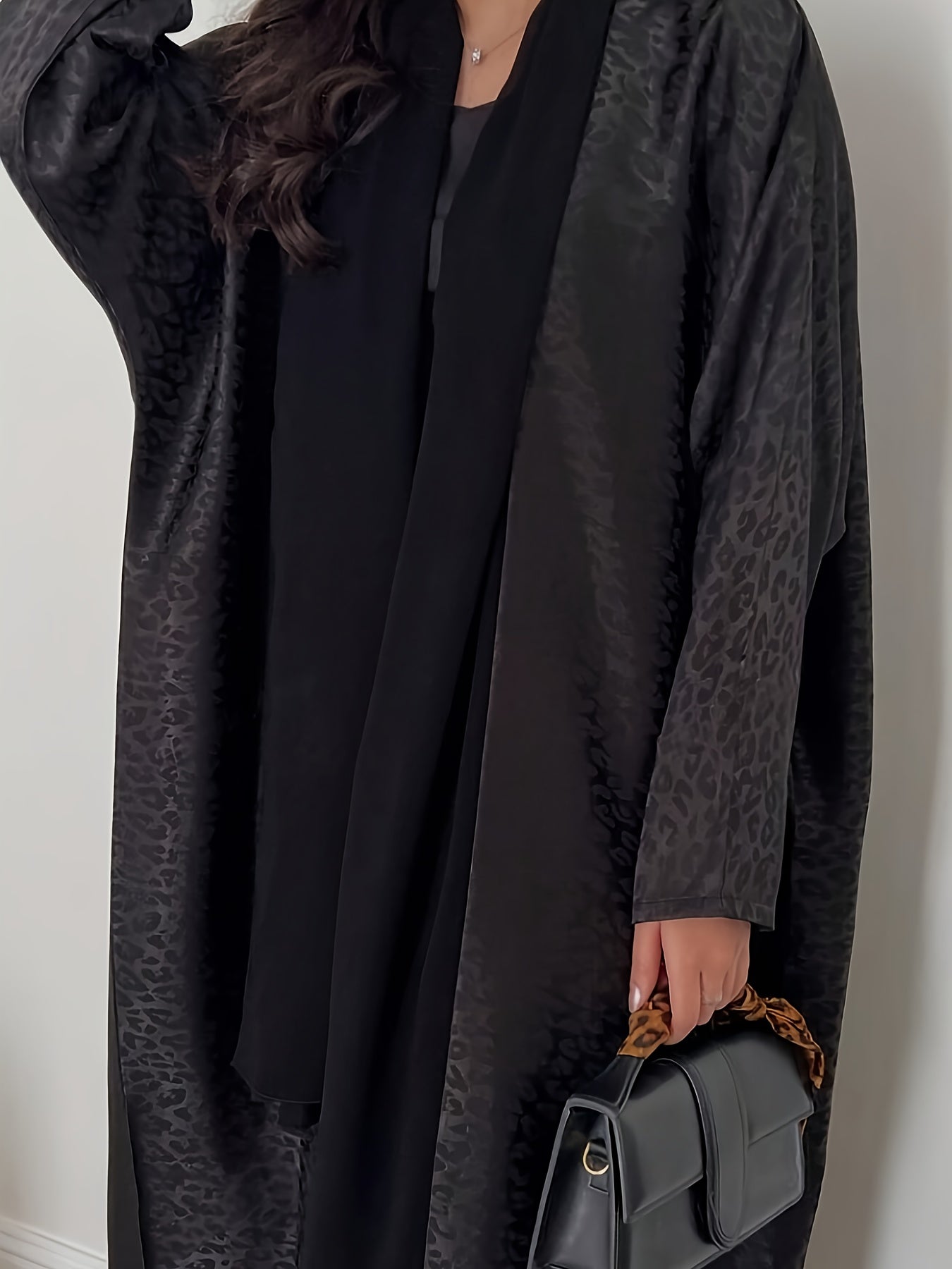 Women's Elegant Black Leopard Print Abaya Kaftan Dress - Long Sleeve, Open Front, Beltless Design, Perfect for Daily Wear and Festivals, Spring/Summer/Fall Collection, Festival Attire