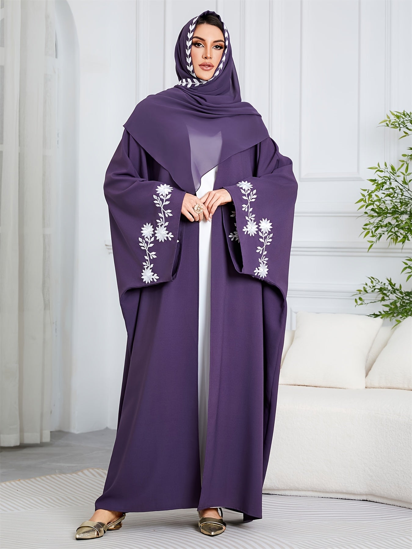 Purple & White Elegant Dubai Floral Open Abaya Hijab Set - Kaftan Dress with Batwing Sleeves, Loose Fit for Women | All Seasons, Floral Design, Texture