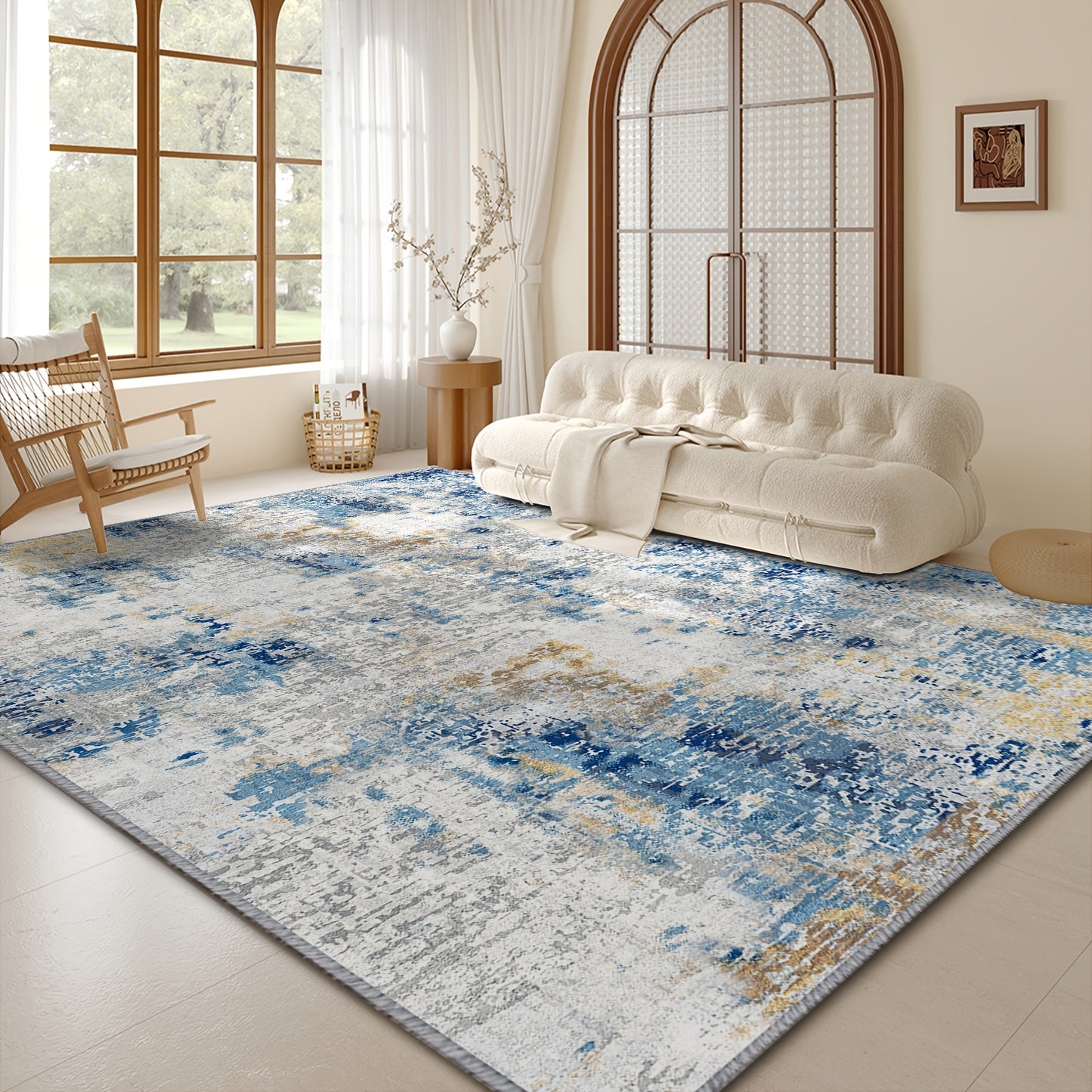 1pc Modern Moroccan Boho Rug - Neutral Blue & Brown Low-Pile Carpet Suitable for Living Room, Bedroom, Office - Machine Washable Soft Indoor Boho with Neutral Tones