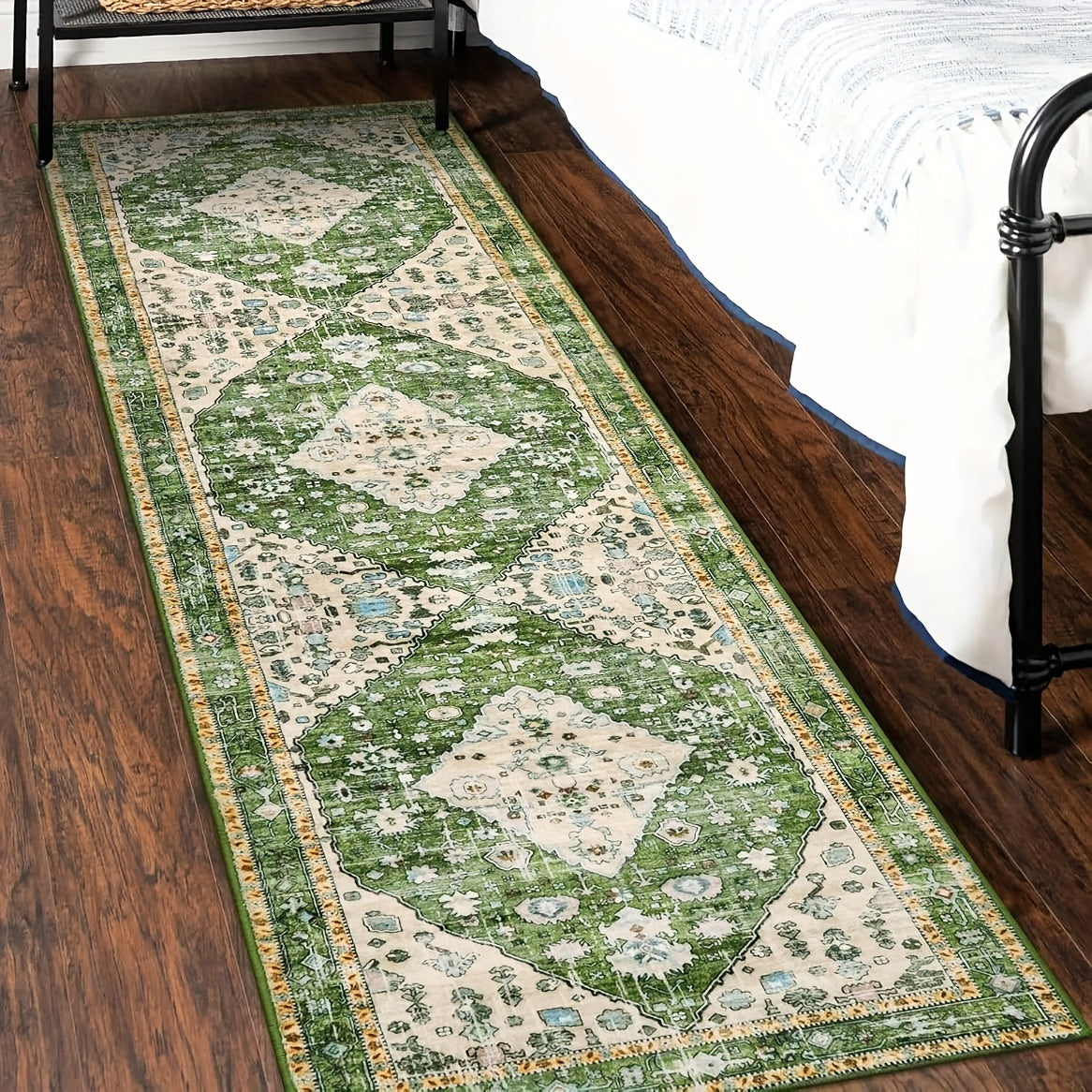 Boho Tribal Area Mat - Distressed Green Machine Washable & Non-Slip 100% Artificial Fur Mat, Large Sizes up to 2.16m² for Entryway, Bedroom, Living Room, Office - Bohemian Indoor Floor Rugs, Entryway Decor, Large Area Carpet