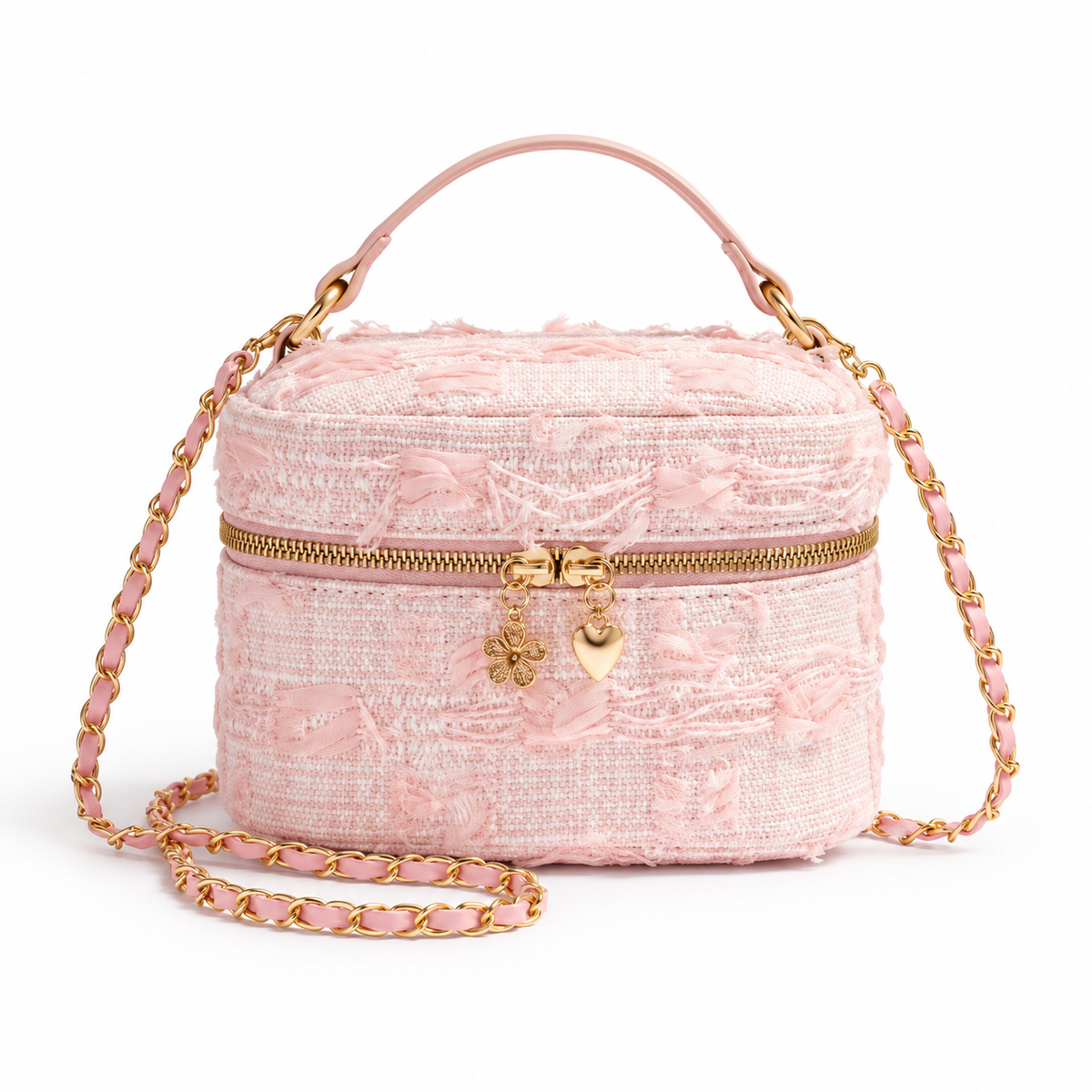 Pink Textured Crossbody Bag With Charms