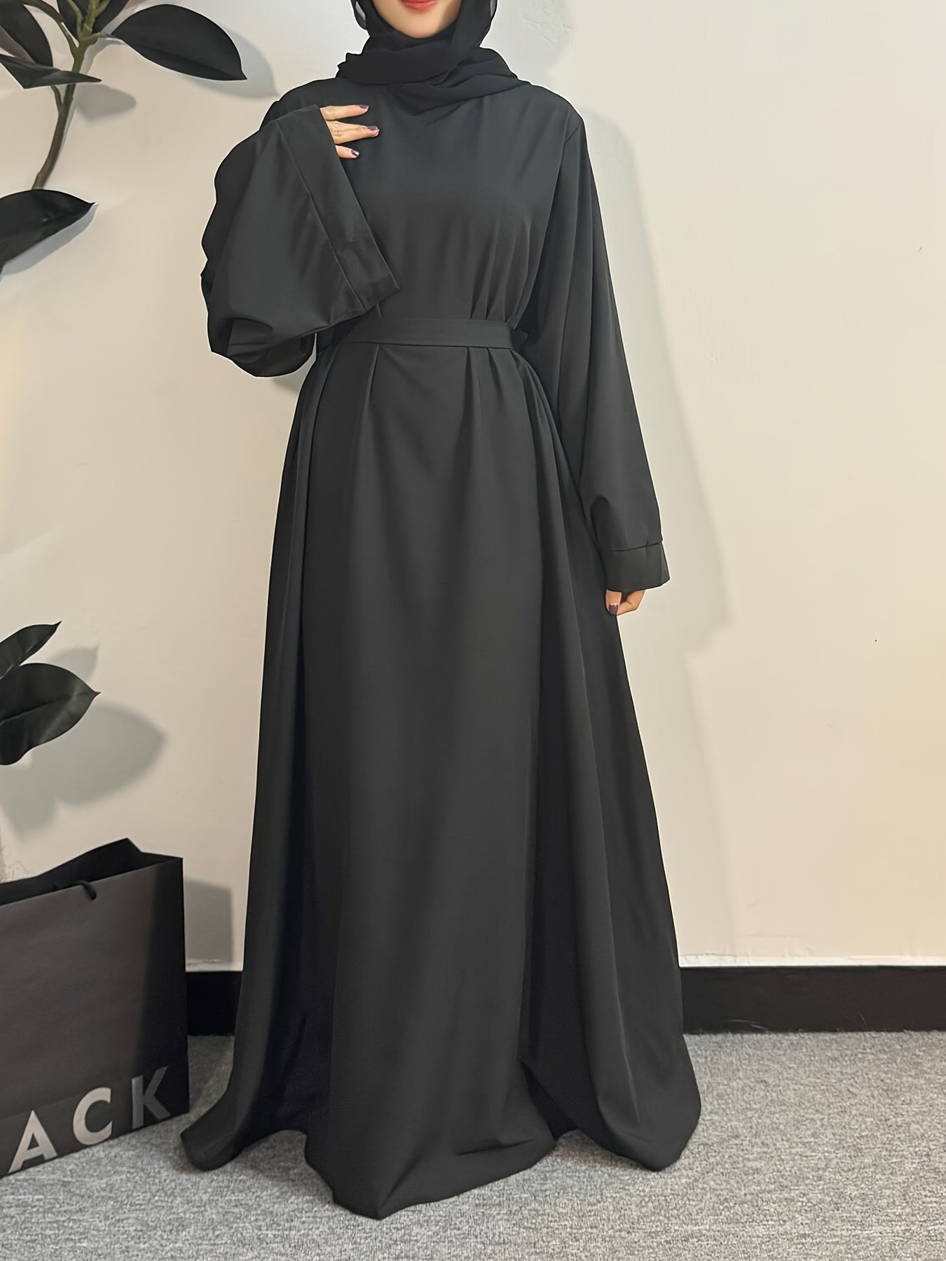 Women's Long Polyester Palestinian Abaya Kaftan with Belt - 100% Polyester, Solid Color, Regular Long Sleeve, Loose Fit, H-Contour, Woven, Non-Stretch, All Seasons, Full-Length Islamic Prayer Dress