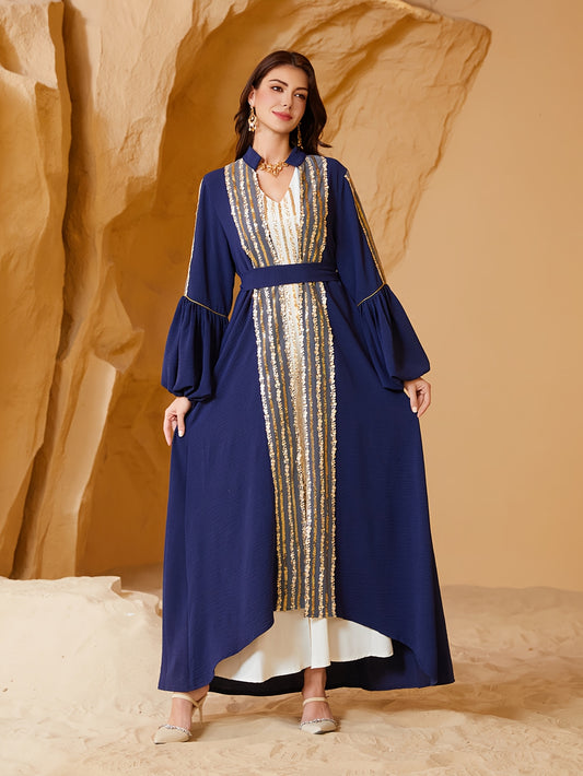Elegant Blue & Golden Sequin Modern Abaya for Women - Long Sleeve, Lantern Sleeves, Belted Waist, Geometric Pattern, Loose Fit, Perfect for Spring/Summer/Fall Celebrations