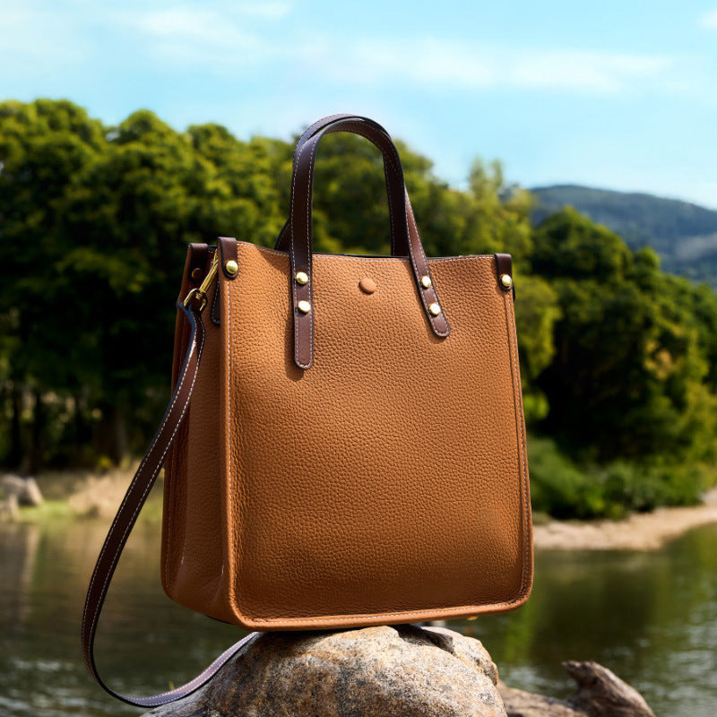 Genuine Leather Vertical Tote Bag for Women - Convertible Crossbody Shoulder Bag with Adjustable Strap, Zipper Closure