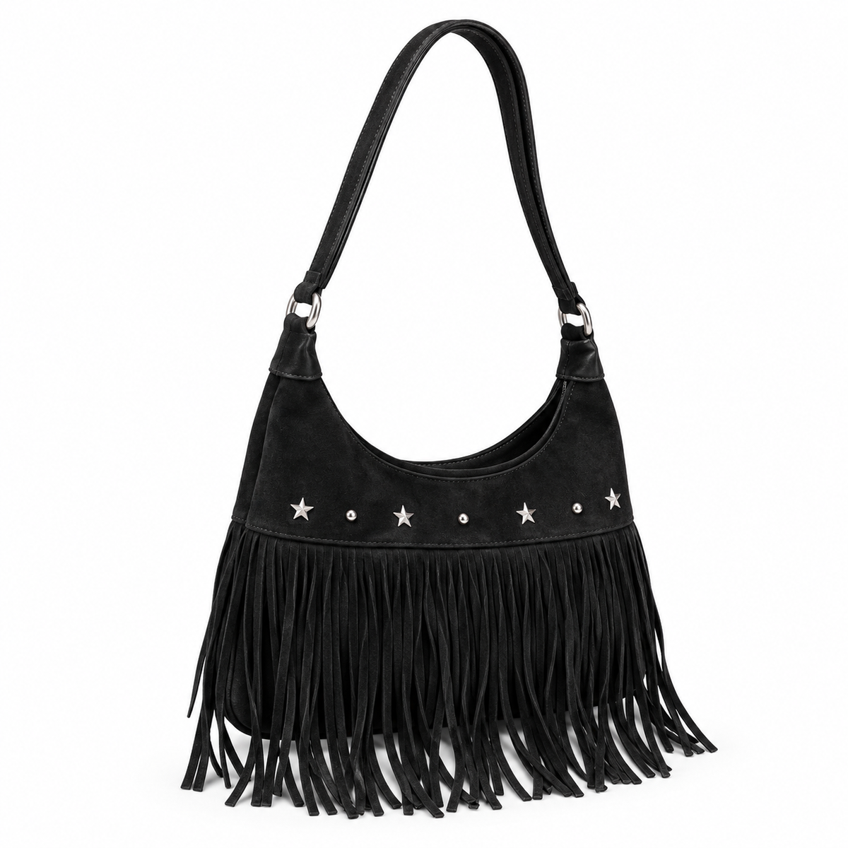 Vintage Black Star Studded Fringe Shoulder Bag