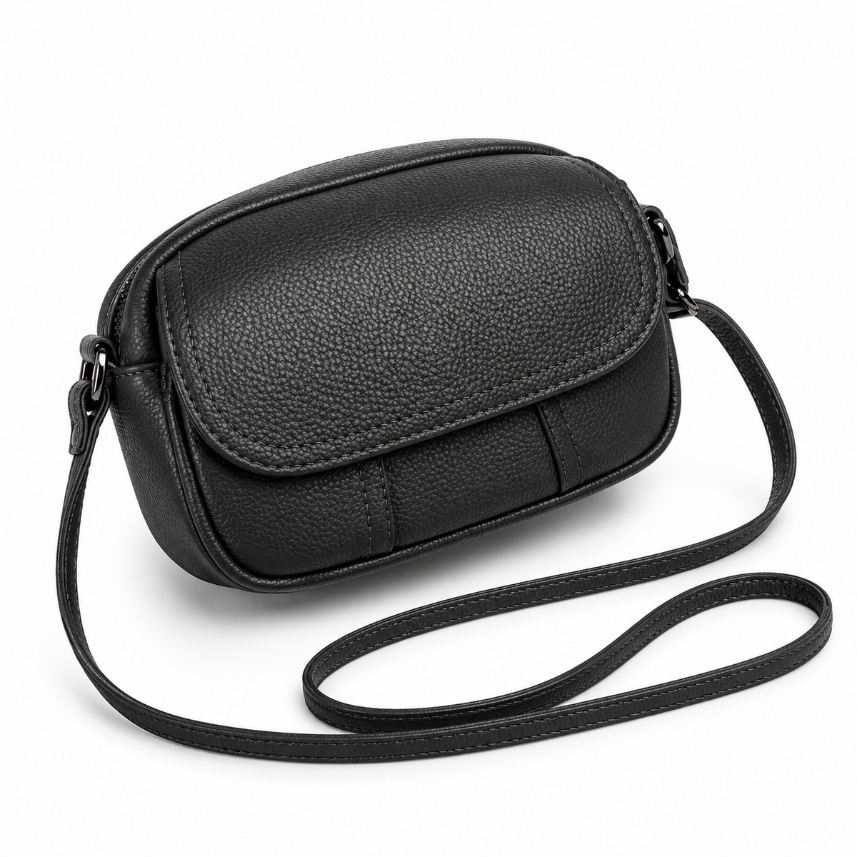 Classic Black Pebbled Flap Crossbody Bag