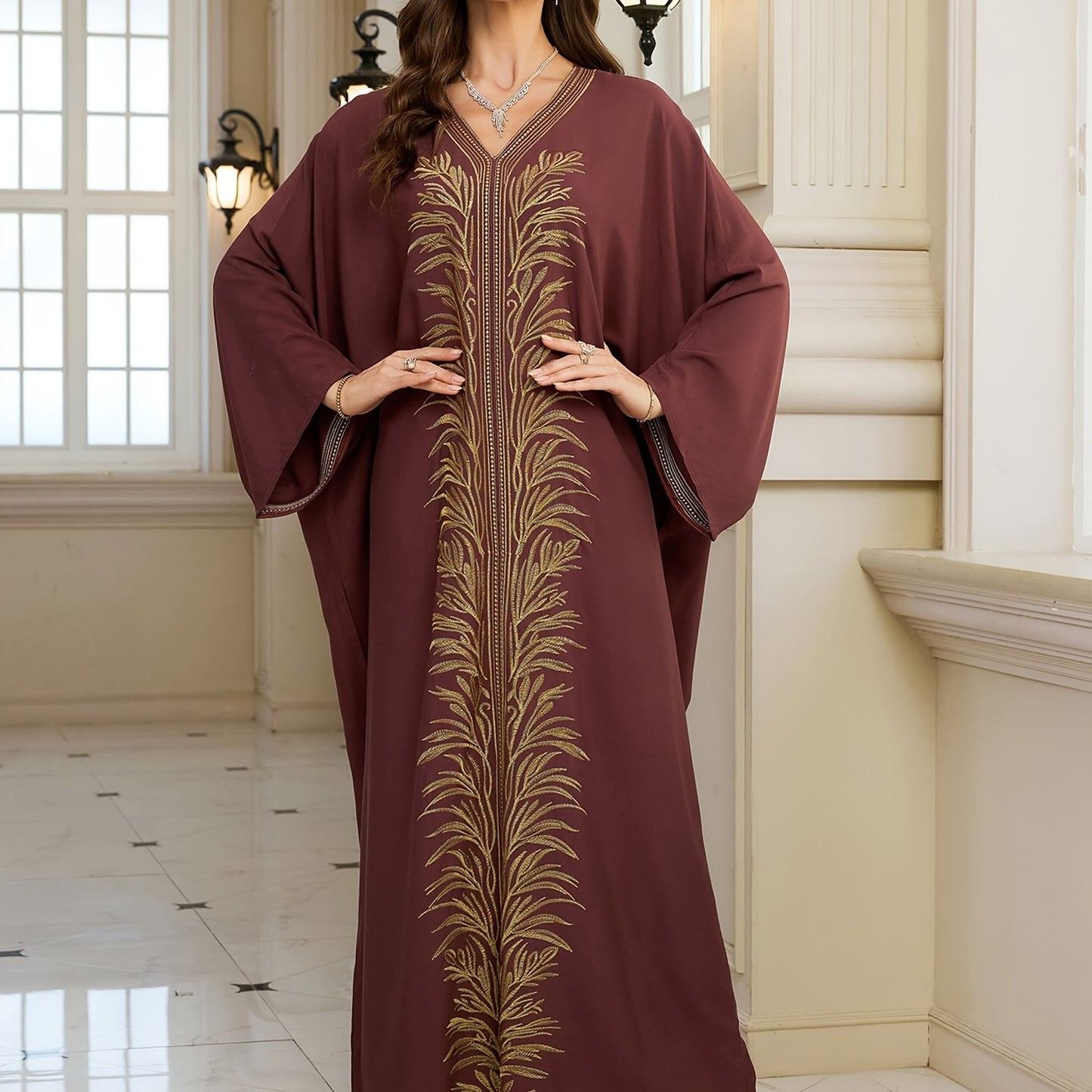 Women's Golden Floral Embroidered V-Neck Batwing Sleeve Kaftan Robe - Loose Fit Plus Size Long Dress for Ramadan Eid Beach Vacation, Middle Eastern Cover Up, Muslim Abaya Dress