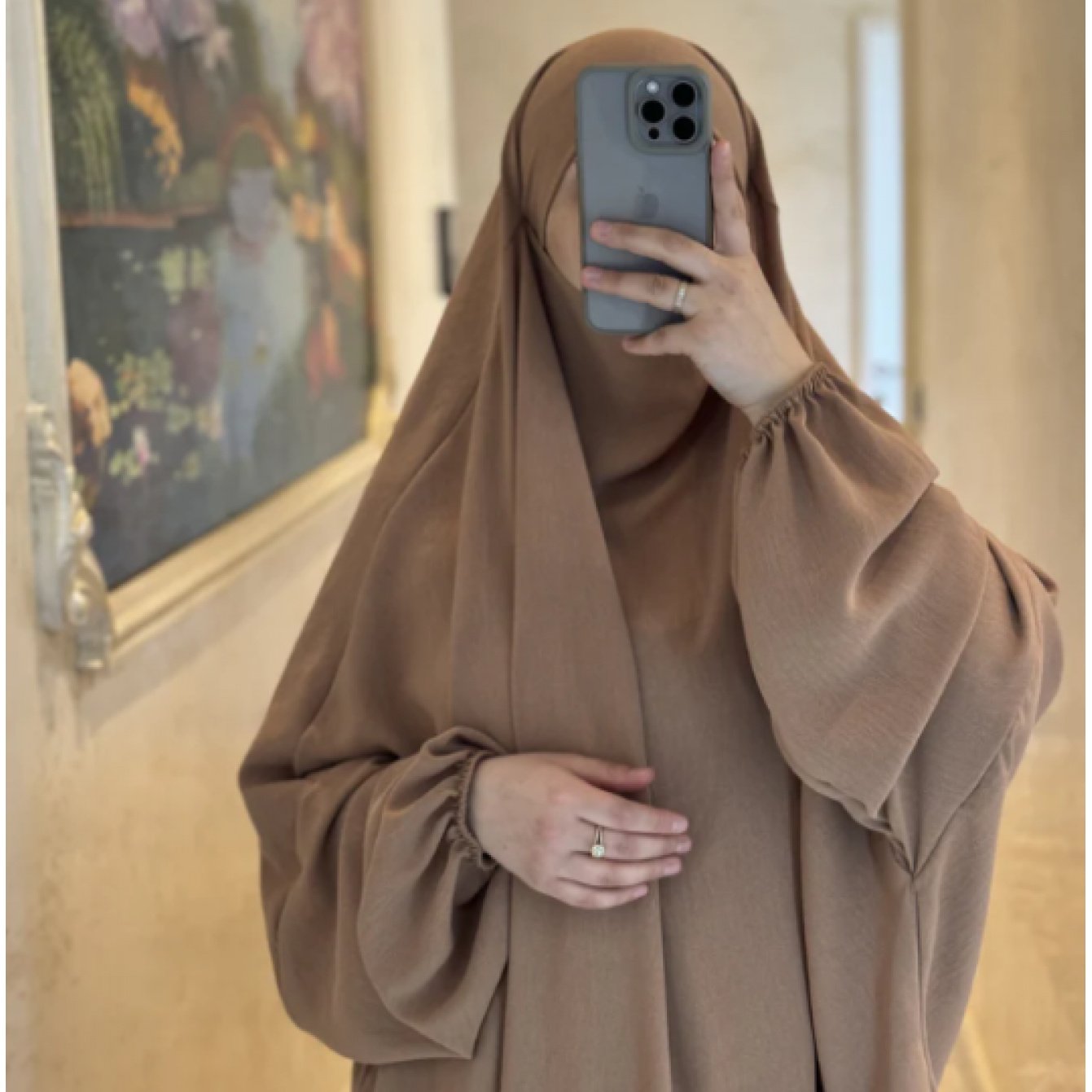 Plus Size, Women's 2pcs Islamic Abaya Prayer Dress & Hijab Set - Modest Turkish Kaftan with Long Flowing Batwing Sleeves, Boat Neck & Full Coverage, Loose Floor-Length Dress in Beige