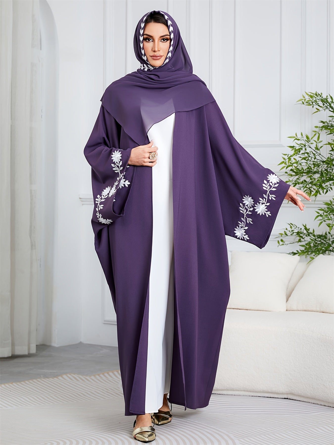 Purple & White Elegant Dubai Floral Open Abaya Hijab Set - Kaftan Dress with Batwing Sleeves, Loose Fit for Women | All Seasons, Floral Design, Texture