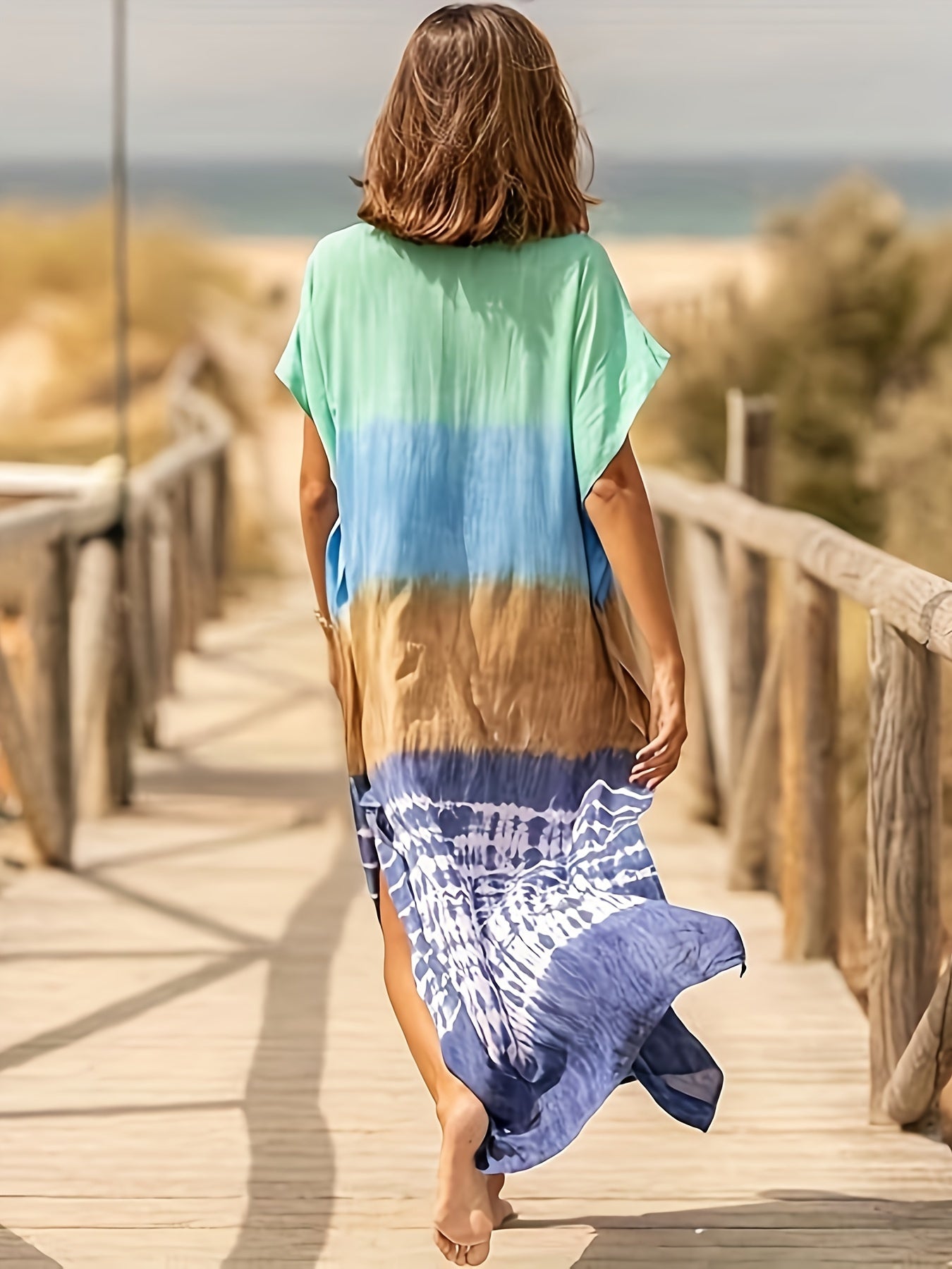 Women Green Tie Dye Kaftan Dress | Beach Cover Up Short Sleeve Caftan Maxi Dress With Patchwork Pattern, V-Neck, Long Length, Split Detail, Suitable For Spring/Summer/Fall