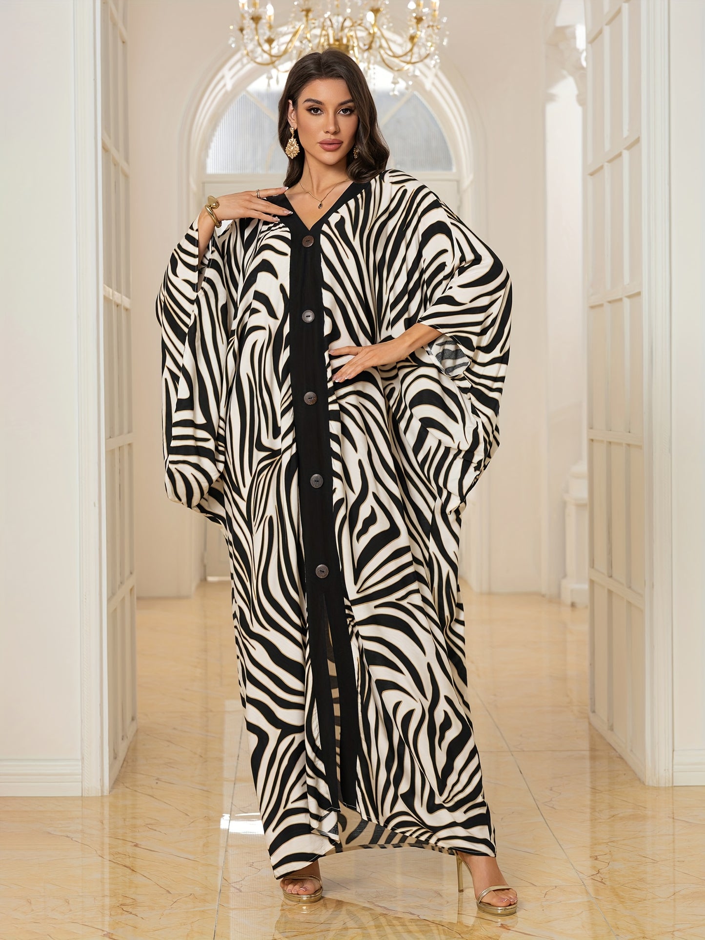 EDOLYNSA Elegant Long-Sleeve Leopard Print Ethnic Style Open-Front Dress in Light Gray, Middle Eastern Fashion Loose Vacation Kaftan Cover-Up Q1827