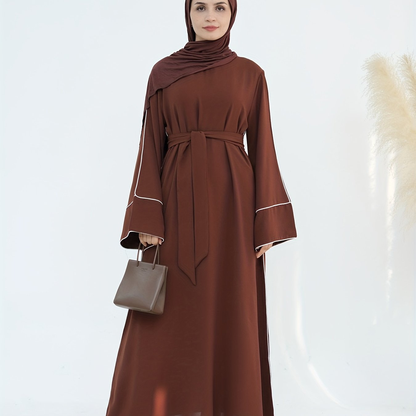 Women's Stylish Solid Color Dubai Turkish Abaya with Lace-Up Waist - Long Robe with Belt, Sleeveless, Polyester, All-Season Wear, Casual Attire|Elegant Attire|Polyester Fabric