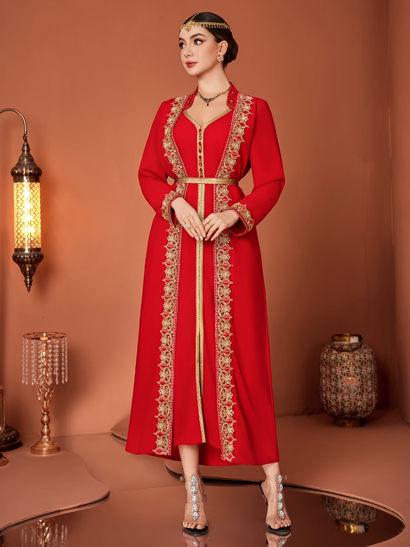 Women's Red Middle Eastern-Inspired Casual Emirati Abaya with Waist & Long Sleeves - 100% Polyester Lightweight Spring/Summer Dress, Elegant Hand Wash Only Solid Color Dress