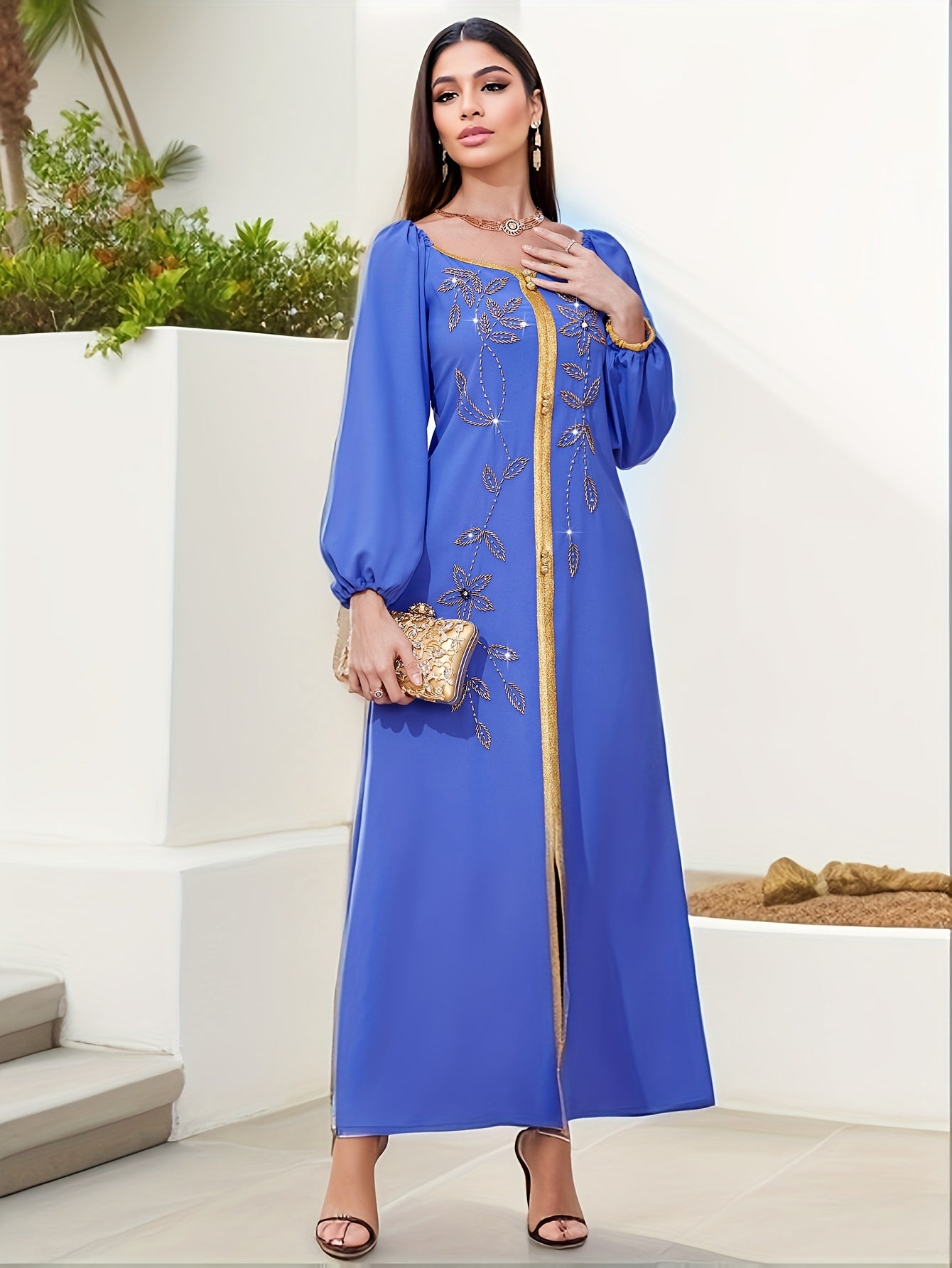 Elegant Long Sleeve Polyester Dress with Lantern Sleeves, Solid Color, Tie Back, and Belted Waist Palestinian Abaya