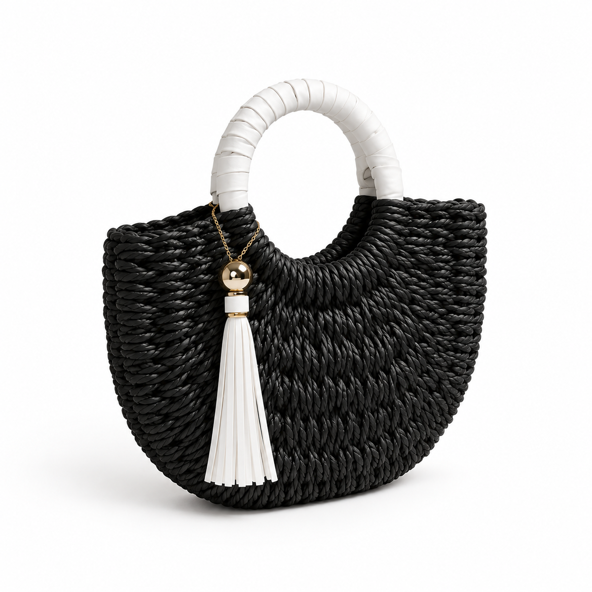 Black Woven Tassel Round Handle Handbag
