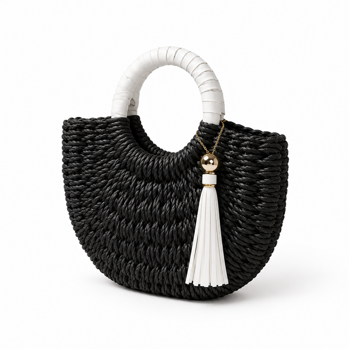 Black Woven Tassel Round Handle Handbag