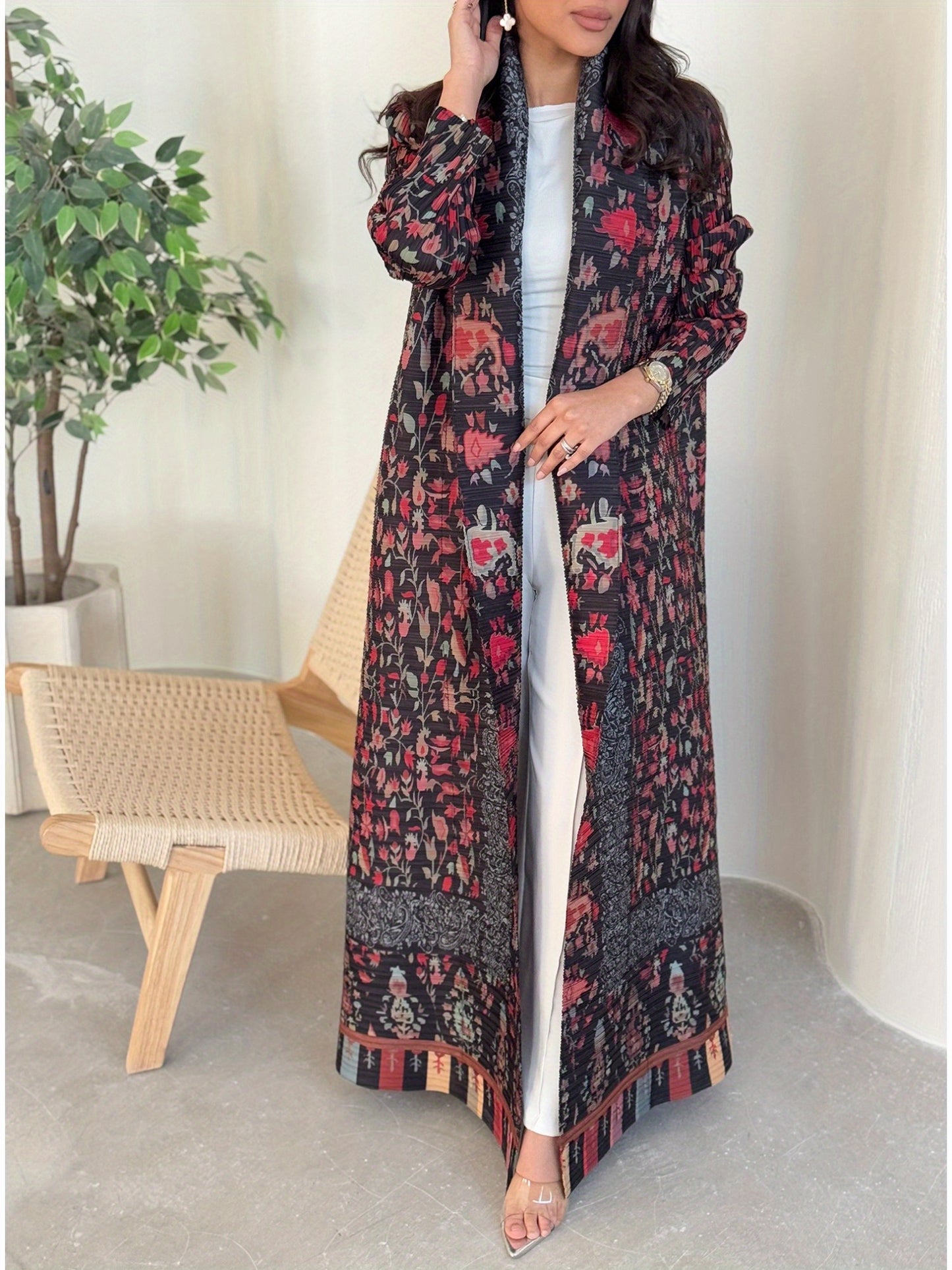 2025 Eid Al-Adha Ready - Stylish Black & Red Floral Print Abaya with Geometric Pattern, Long Sleeve Kaftan Dress for Women, Minimalist Belt Detail, Perfect for Hijabi Fashion