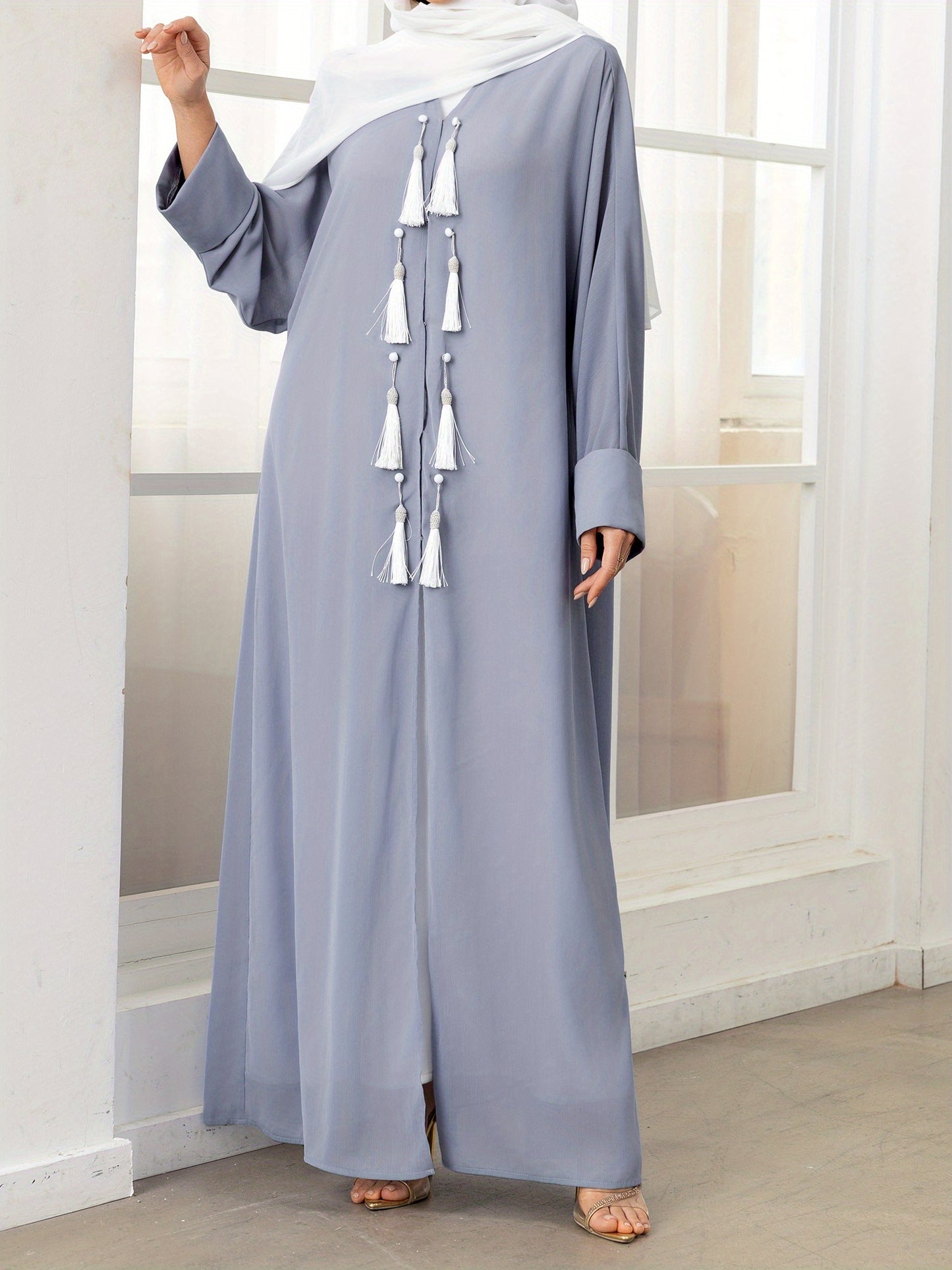 Elegant Gray Long Sleeve Tassel Cardigan - Loose Fit Caftan Gown for All Seasons