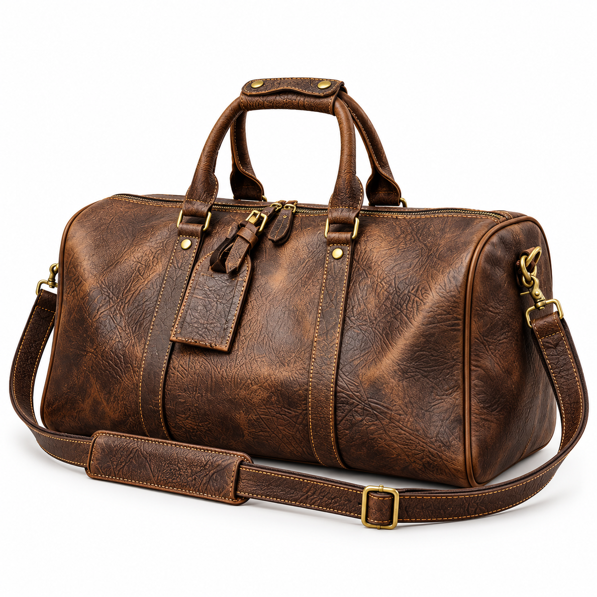 Vintage Brown Textured Leather Duffel Bag