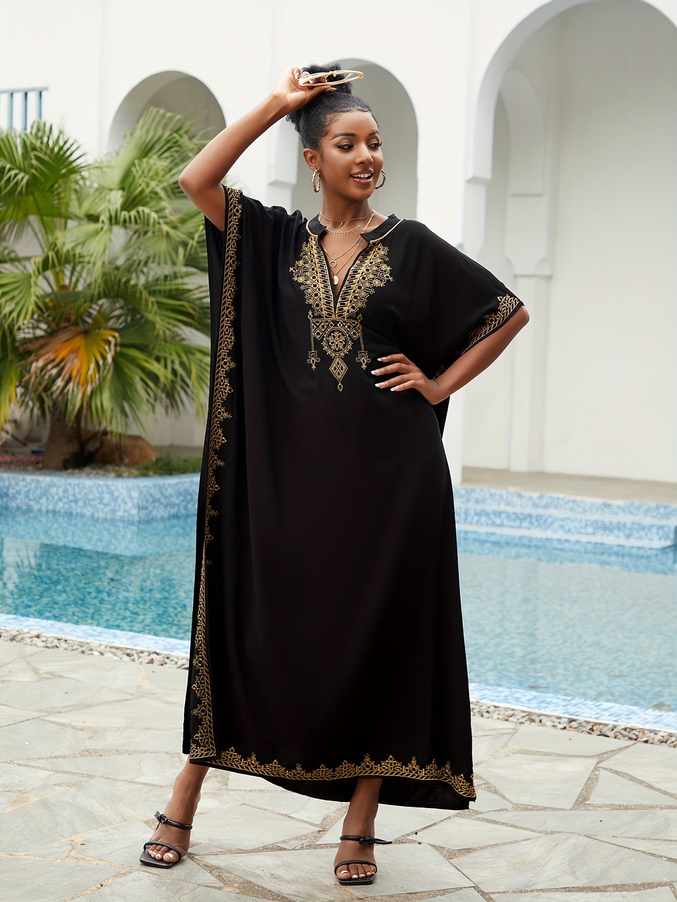 Batwing Sleeve House Kaftan Dress | Embroidery Batwing Sleeve House Kaftan Dress
