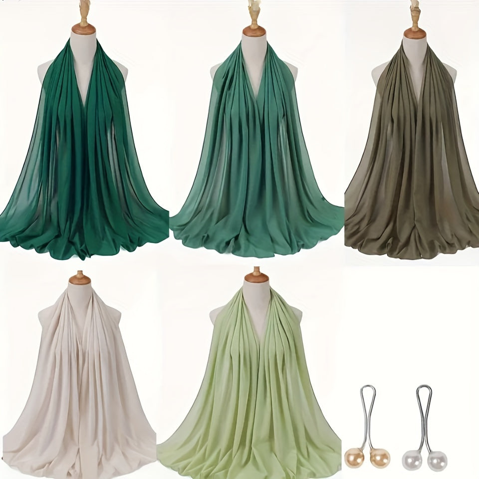 1box Solid Color Chiffon Hijab And Hijab Pins Thin Breathable Sunscreen Scarves (5pcs Minimalist Headscarfs + 2pcs Round Beads Clips), Hijab Set, Modest Fashion, Minimalist Scarf, Elegant Design, Delicate Weave, Lightweight F