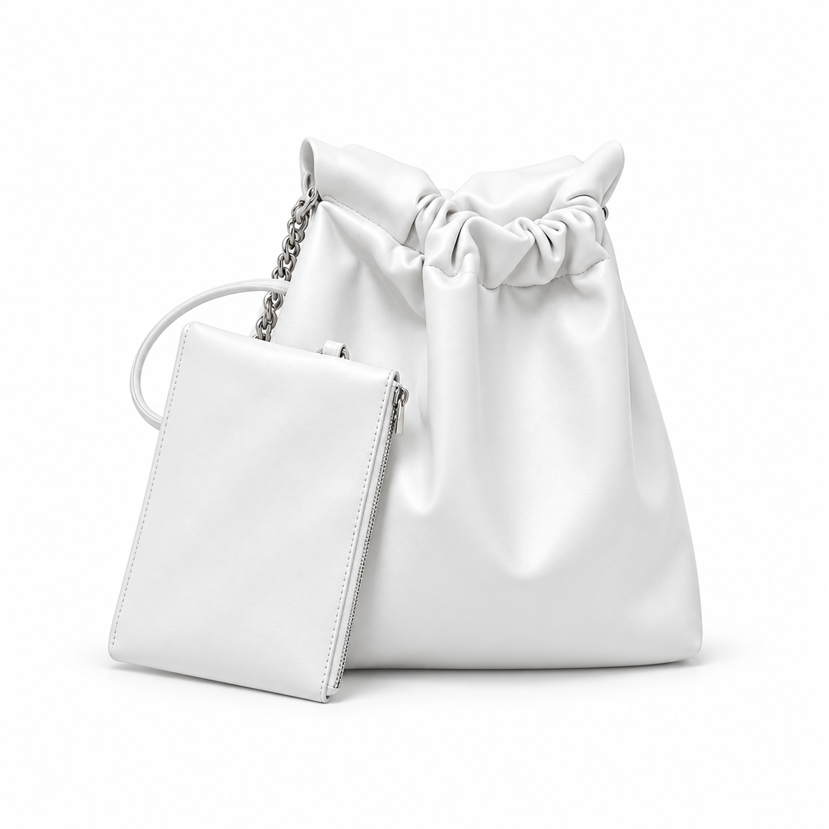 White Ruched Drawstring Bucket Bag With Pouch