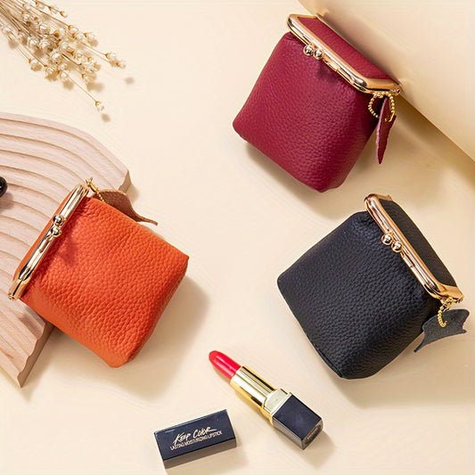 Vintage Genuine Leather Mini Bag Organizer with Secure Kiss Lock - Spacious Coin Purse, Key Holder, Earphone & Lipstick Case, Multi-Purpose Travel Cosmetic Pouch
