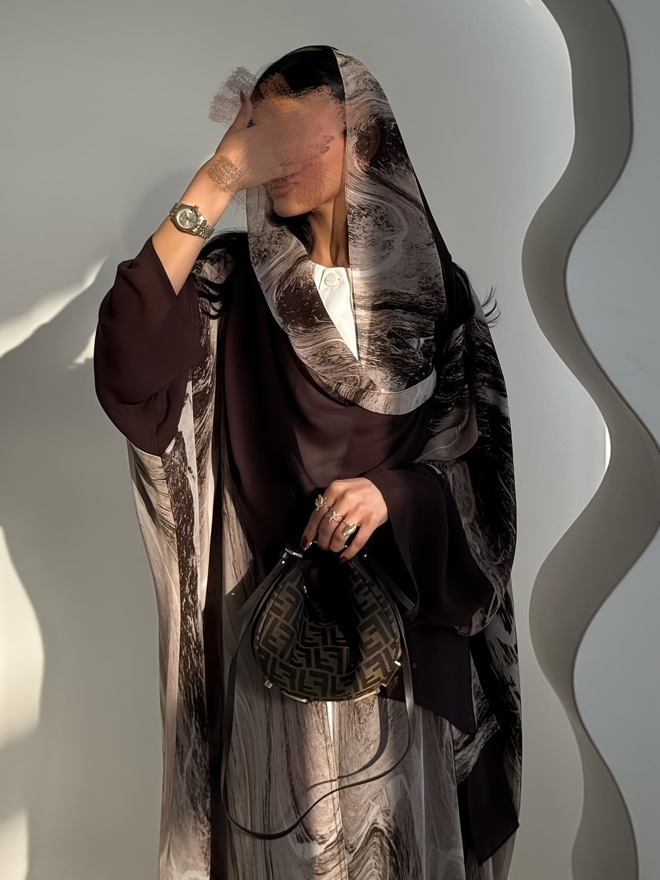 Elegant Brown Floral Print Abaya with Headscarf - Stylish Loose Fit, Long Sleeve, Button-Up Cardigan for Women, Perfect for Casual or Formal Occasions, Casual Wear|Floral Print Abaya