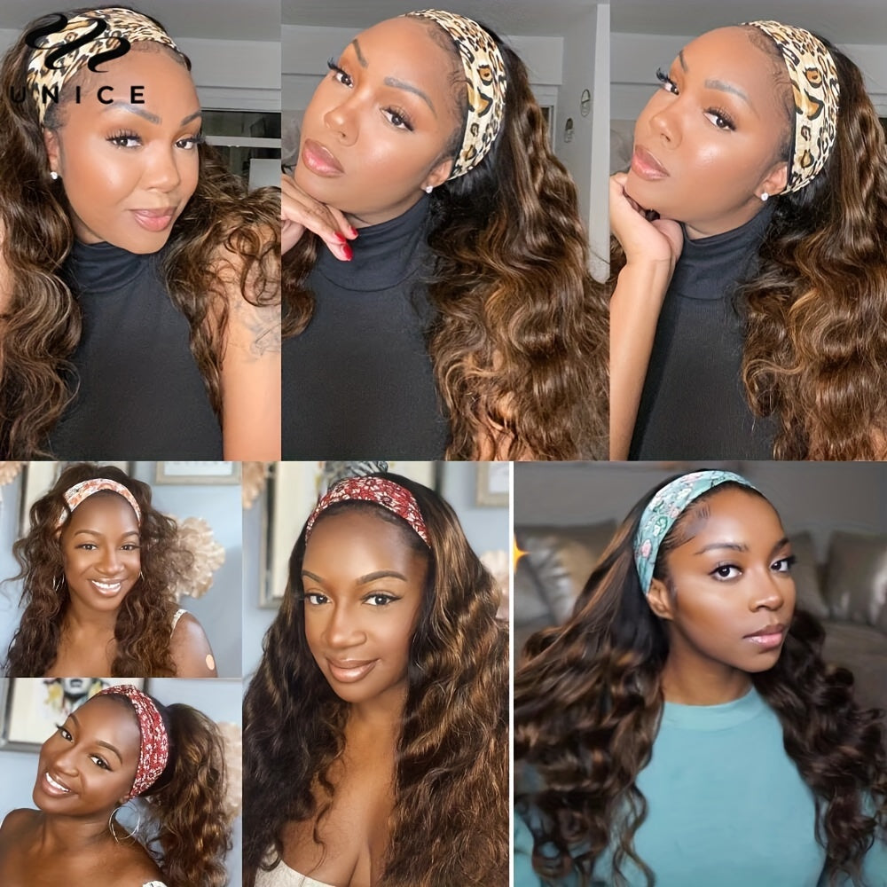Unice Hair Balayage Headband Wig Human Hair Body Wave Highlight Wig Put On & Go Glueless Human Hair Wigs With Pre-attached Scarf