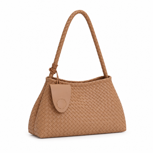 Khaki Woven Shoulder Bag With Charm