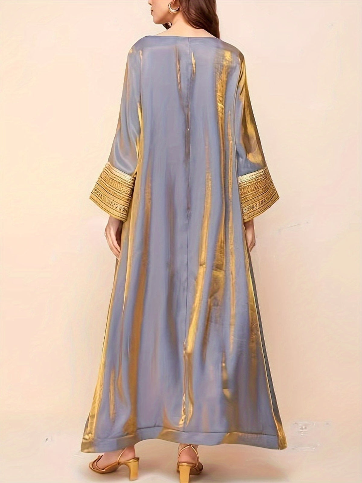 Elegant Women's Long Sleeve Baju Abaya Dress - Crew Neck, Patchwork Design, Loose Swing Fit, Solid Color, Perfect for Spring/Summer, Casual to Formal Wear, Casual Formal Dress