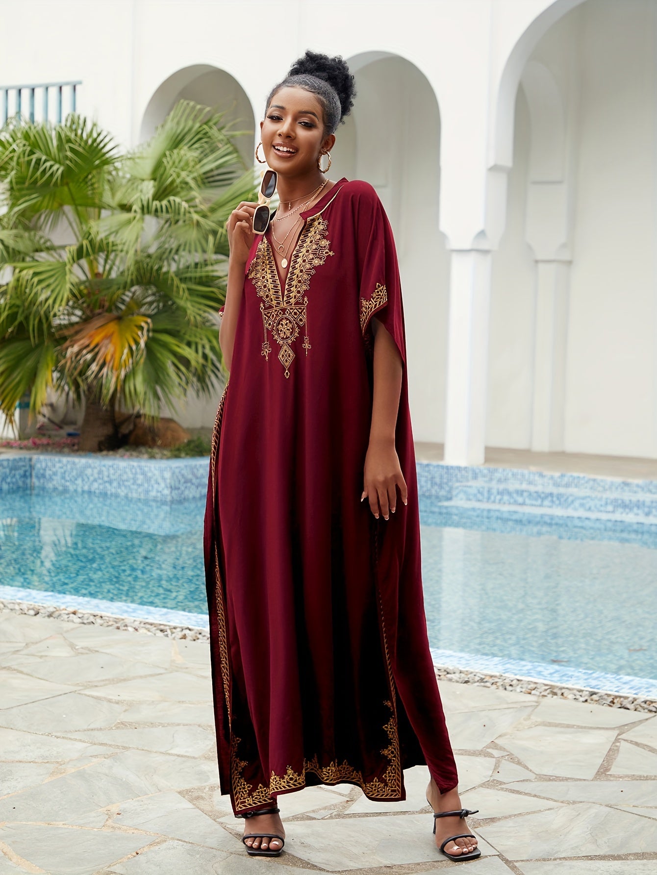 Batwing Sleeve House Kaftan Dress | Embroidery Batwing Sleeve House Kaftan Dress