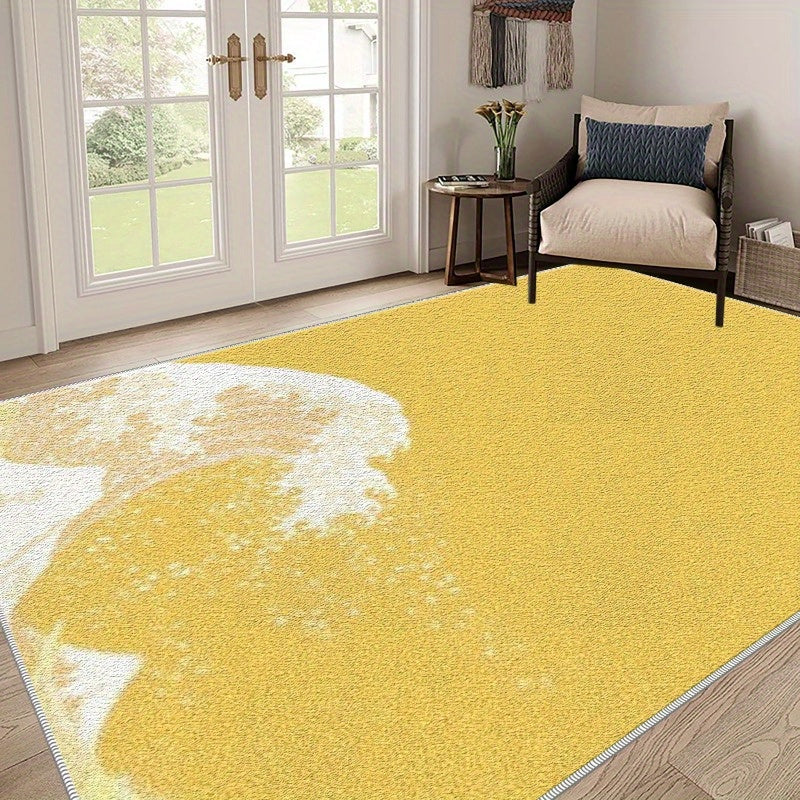1pc Coastal Area Mat - Lightweight Machine-Washable Mat with Non-Slip Backing, Easy-Clean Floor Mat for Living Room, Bedroom, Bathroom, Kitchen - Modern Coastal Decor in Yellow & White, Durable Indoor/Outdoor Mat for Home, Of