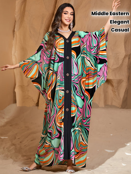 [EDOLYNSA Maxi Dress] EDOLYNSA Elegant Open Front Long Sleeve Maxi Dress | Colorful Striped Print Ethnic Style Middle Eastern Fashion Loose Casual Kaftan Robe Q1827