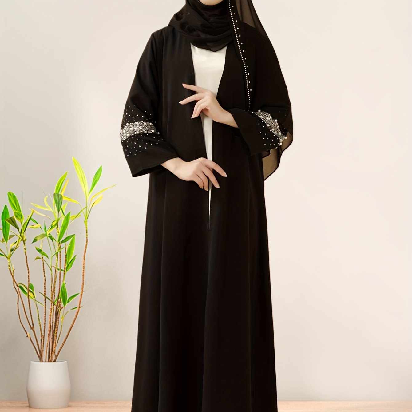 2pcs/Elegant black Muslim Pakistani Abaya with faux pearl embellishments, paired with a matching hijab scarf, made of lightweight and breathable fabric, suitable for prayer, family gatherings, or daily wear