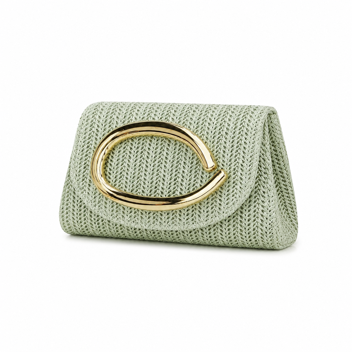 Sage Green Woven Clutch Bag with Gold Oval Handle