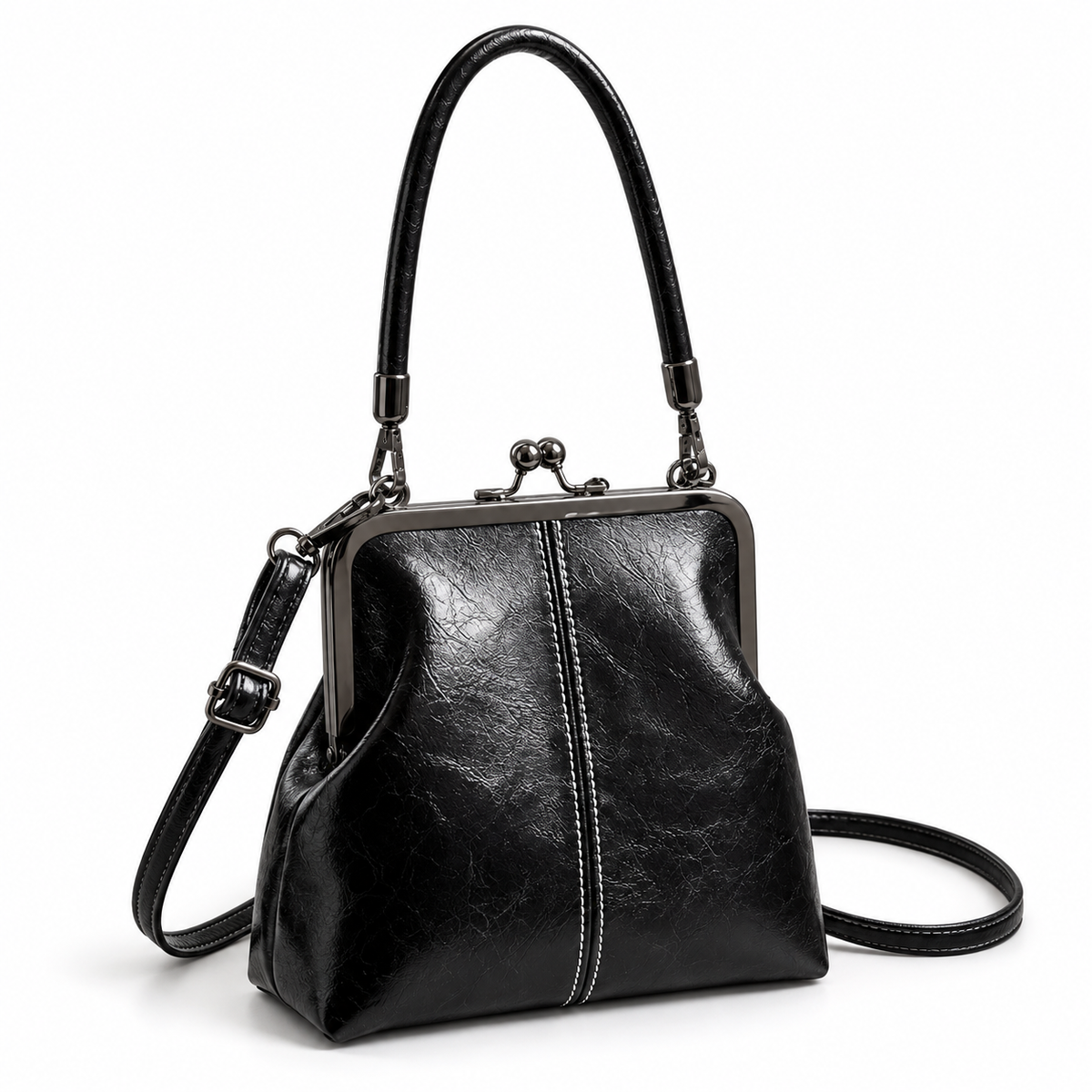 Vintage Black Kiss Lock Crossbody Bag