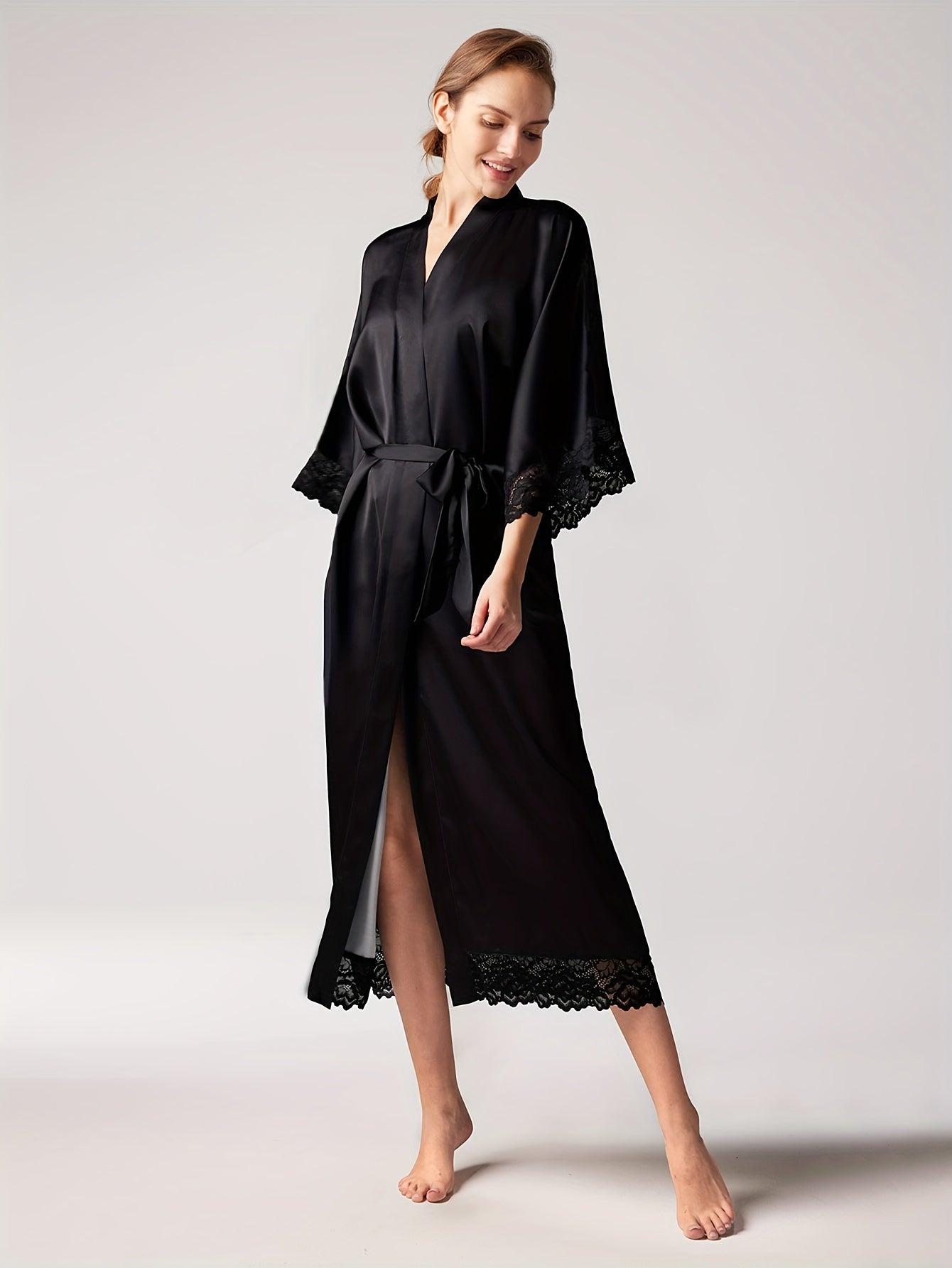 Satin Kimono Robe Long Bridesmaid Wedding Bath Robe With Lace Trim