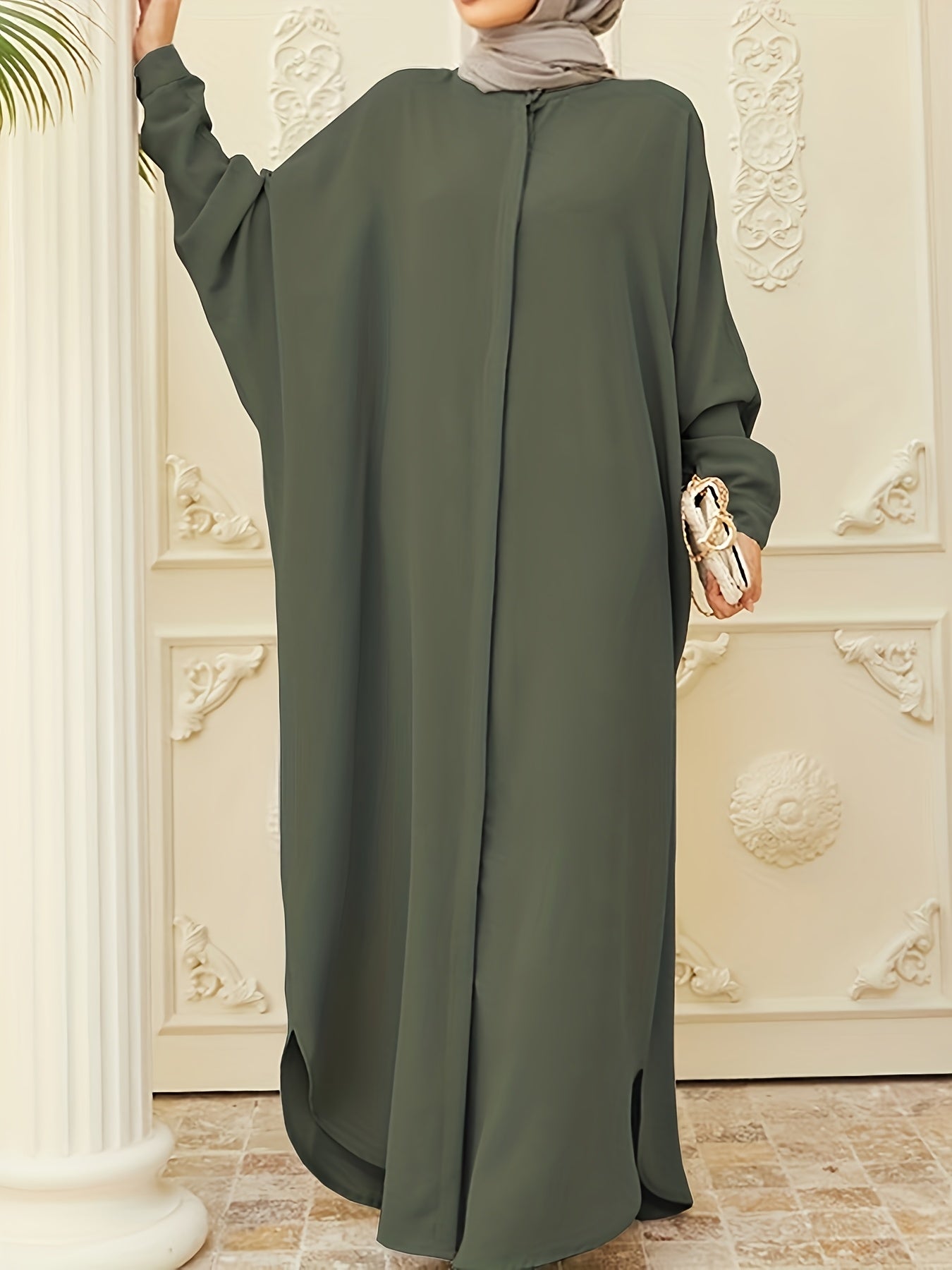 Ramadan Modest Batwing Sleeve Kaftan Abaya - Solid Black Loose Fit Maxi Dress with Slit Hem & Button Front, Non-Stretch Fabric for Women, All-Season Versatile Abaya