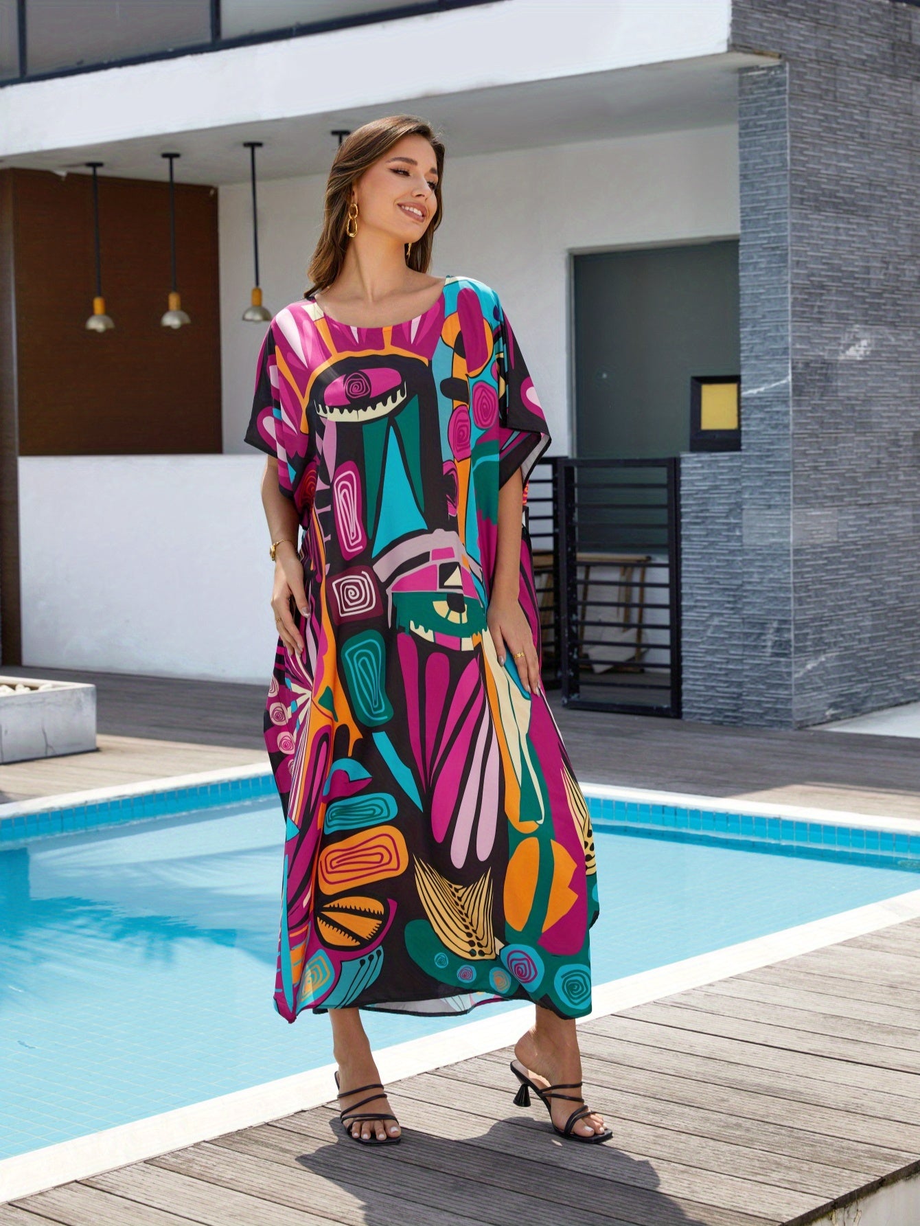 Women'S Plus Size Round Neck Short Sleeve Kaftan Dress Swimwear Tunic for Poolside & Tropical Vacation, Loose Fit Boho