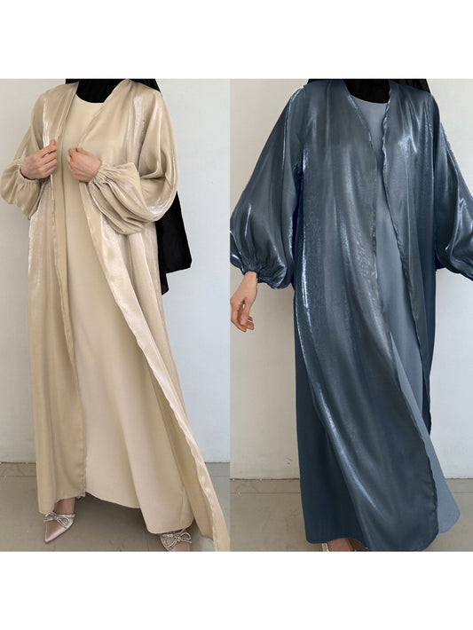Plus Size, Middle Eastern Modest Muslim Fashionable Bright Silky Satin Solid Color Belt Bat Sleeve Arabic Abaya European and American Large Size Women's Clothing