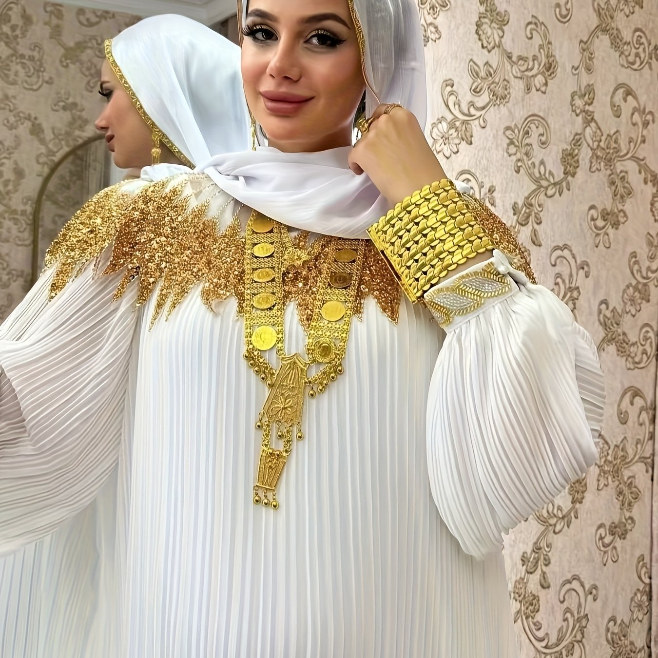 Elegant Black Sequin Gown with Golden Embellishments, Long Sleeves, and Asymmetrical Hem - Loose Fit Modern Abaya, Polyester, Perfect for Parties and Formal Events, Formal Event Attire