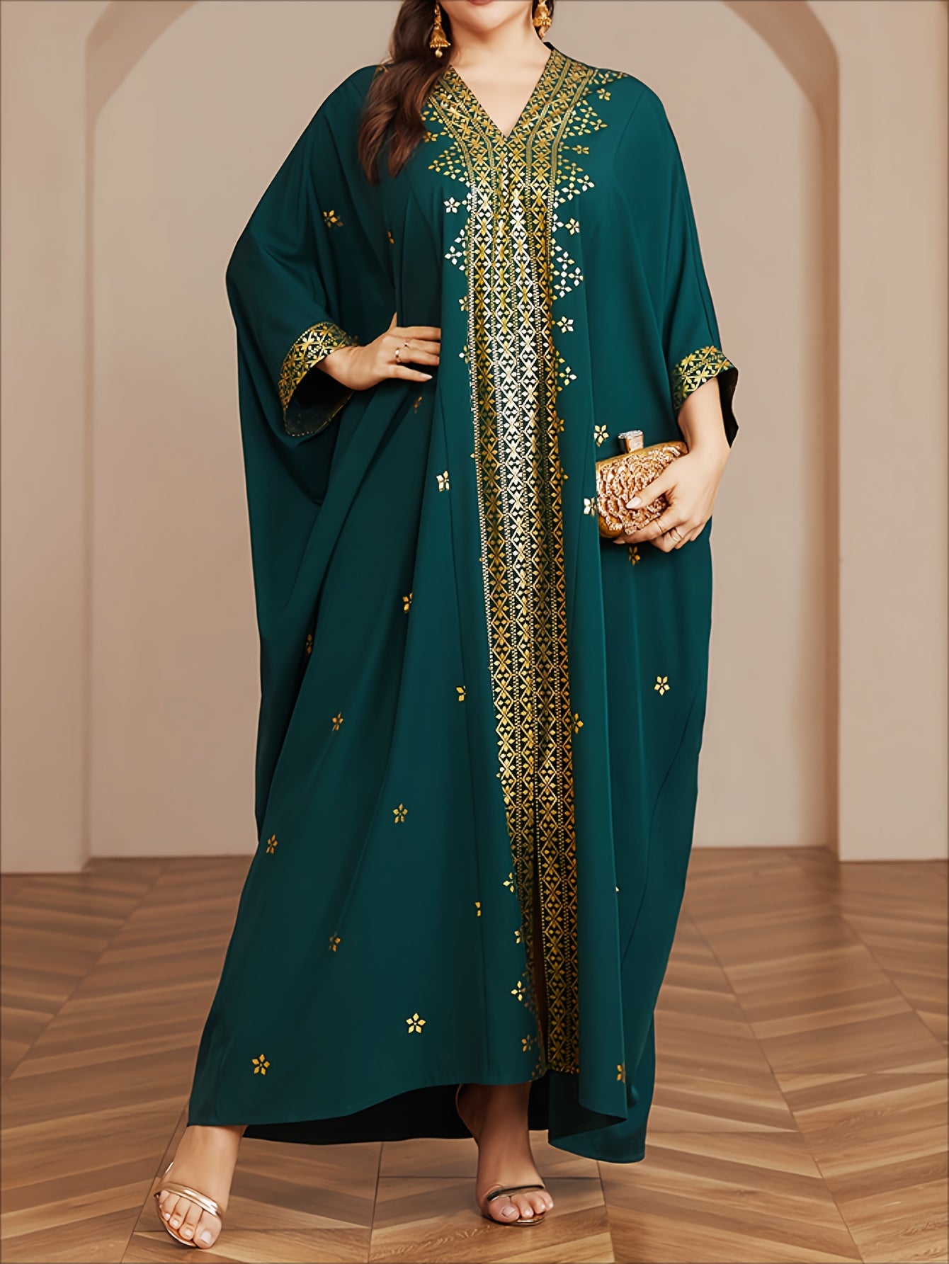Polyester Long Kaftan | V-Neck Tribal Pattern Woven Non-Stretch, Middle East Golden Tassel, Batwing Sleeve Abaya, Plus Size, All Season