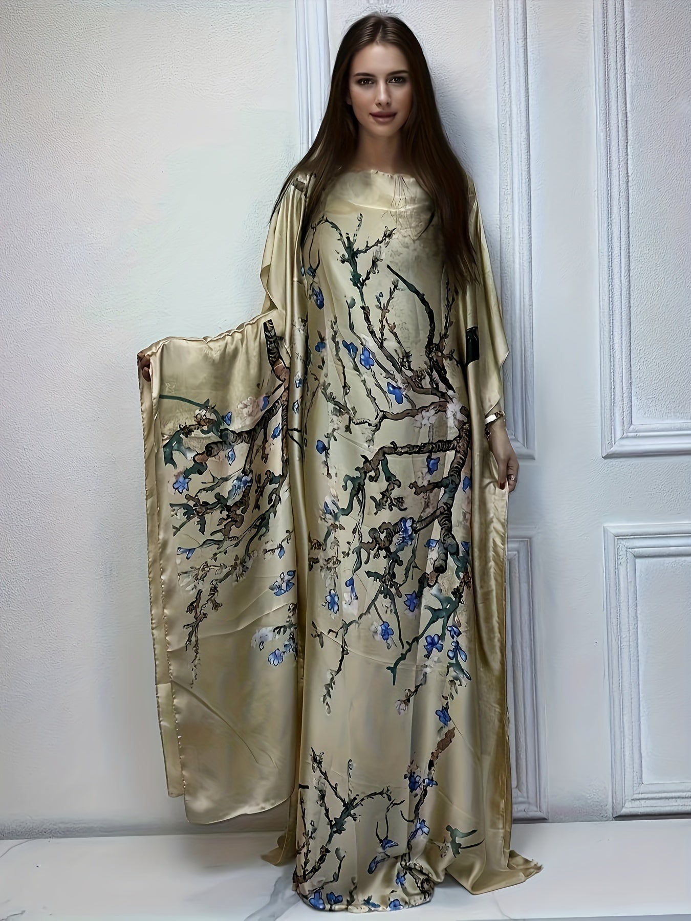 Elegant Floral Print Abaya Set with Batwing Sleeves and Draped Asymmetrical Hem