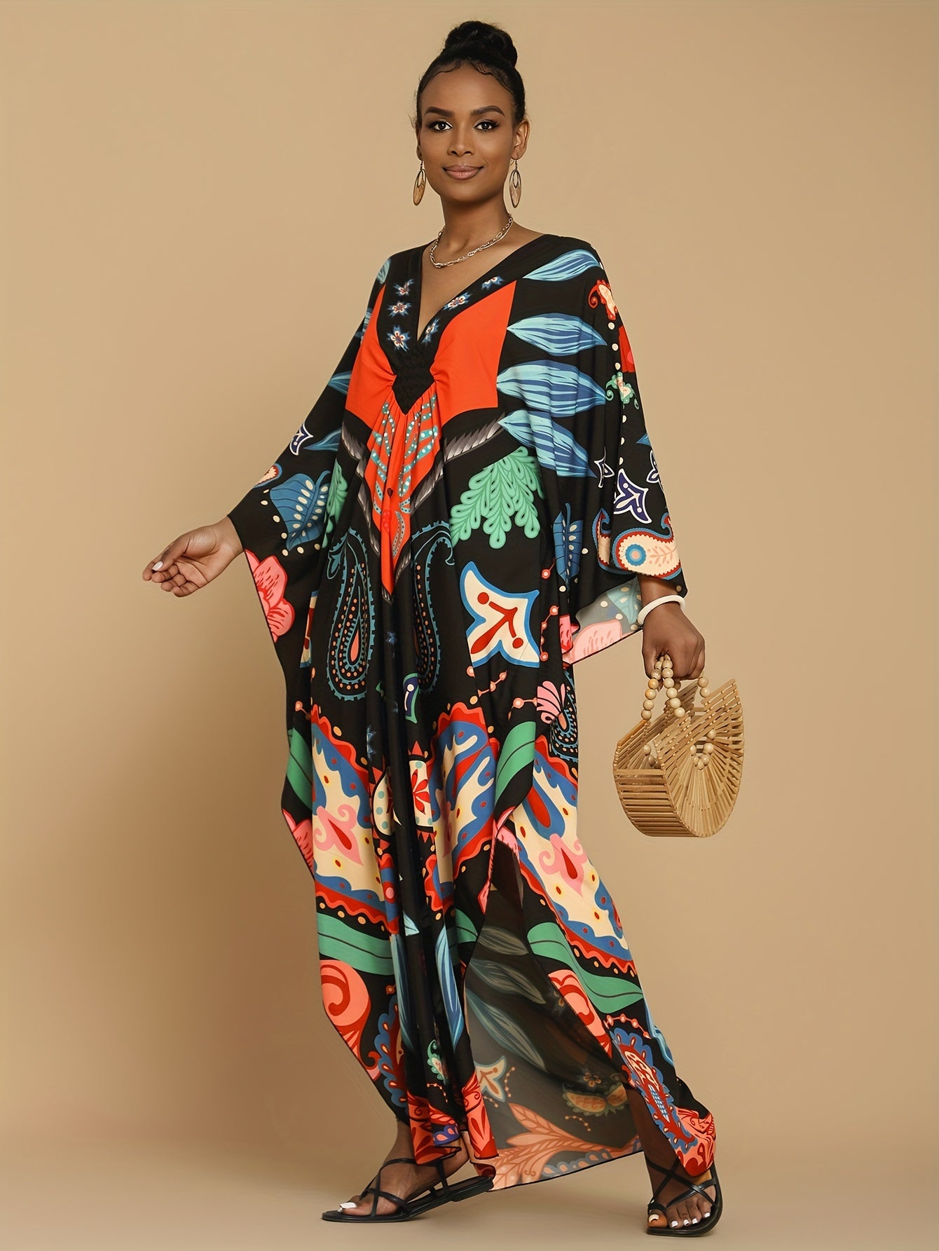 Vibrant Bohemian Kaftan Dress - Four-Sided Elastic V-Neck, Bat Sleeves, Beach Cover-Up